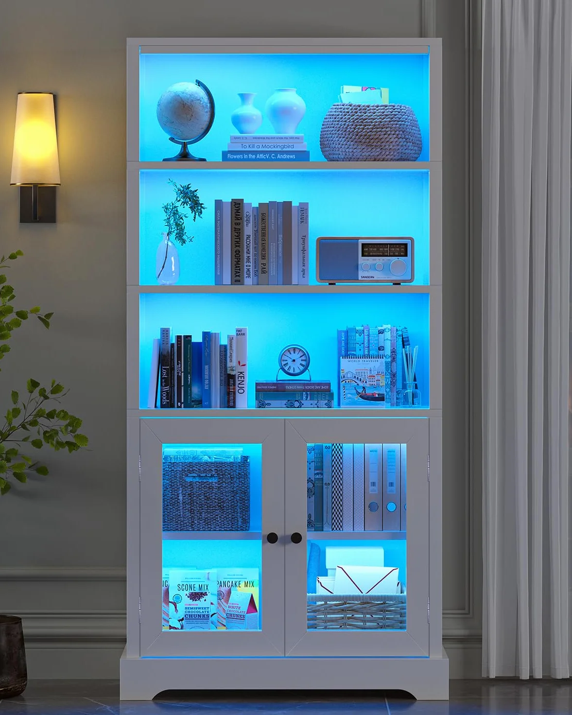 TVU 5-Tier Bookshelf, 65" Bookshelf with Multi-Color Ambient Lights (APP Remote Control), Tall Vertical Display Shelf with Cabinet Doors, Suitable for Living Room, Bedroom, Study, Office, White