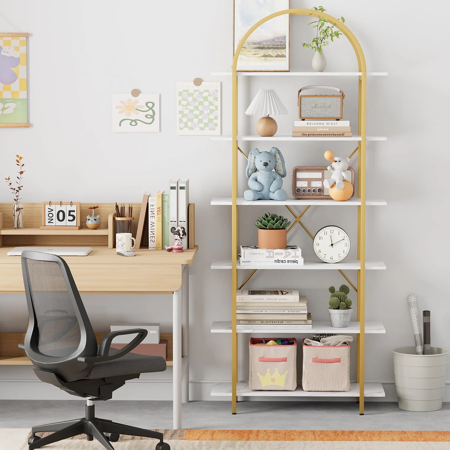 Arbuxzuy 6 Tier Bookshelf, 83" Tall Arched Bookcase, Tall Book Shelf with Metal Frame, Modern Display Standing Shelf for Living Room, Home Office, Bedroom, Gold