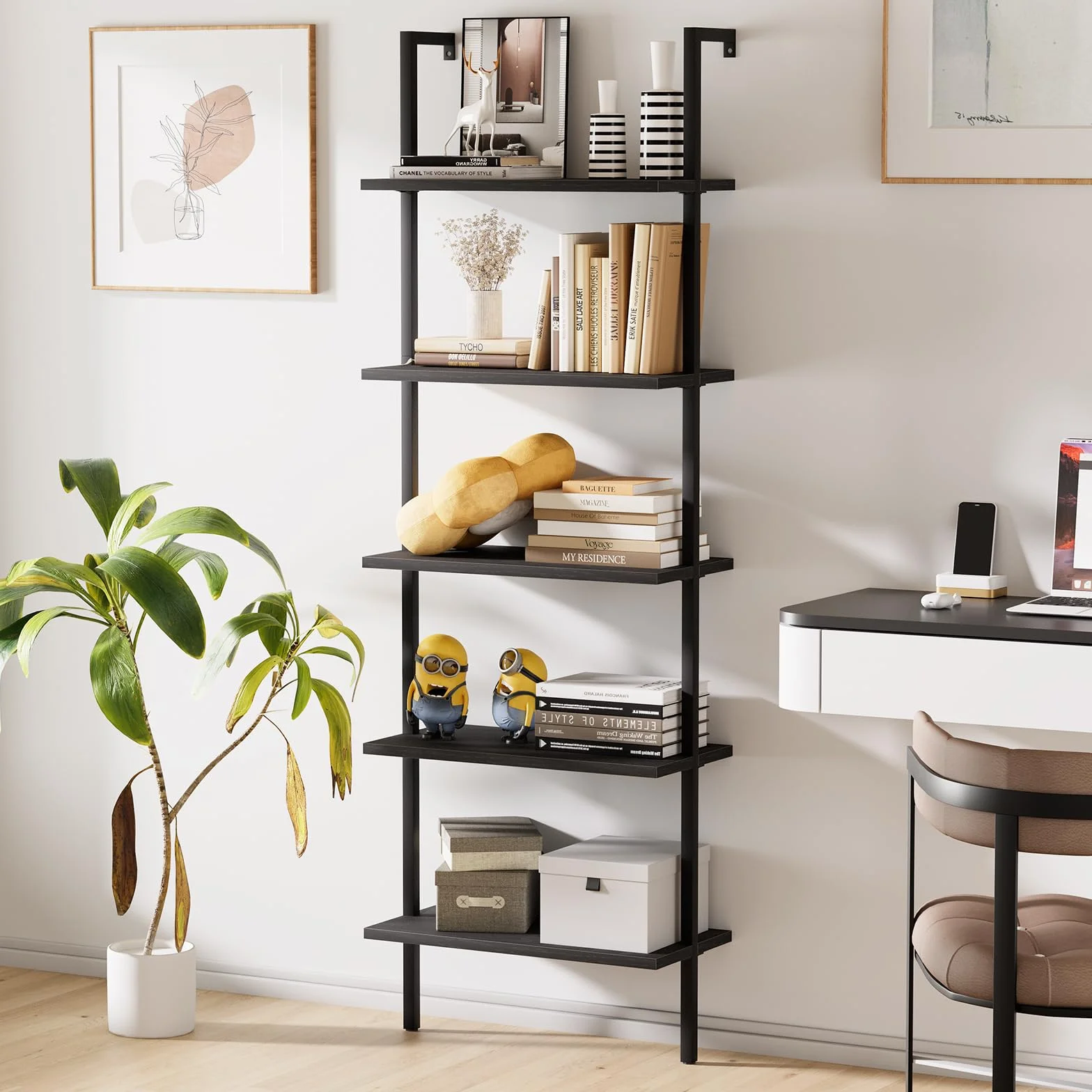 aboxoo Ladder Shelf 2PCS Open Bookshelf 5-Tier Wood Wall-Mounted Black Bookcase Storage Rack Open Industrial Modern Plant Stand Utility Organizer Bookcase Metal Frame Furniture Office Kitchen Bedroom