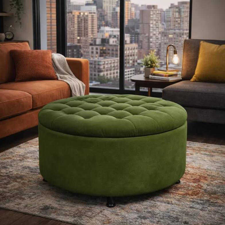 Niche Knight 28-Inch Large Round Pintucked Storage Ottoman with Lift-Off Lid, Tufted Upholstered Accent Footrest for Living Room, Bedroom, Entryway, Hidden Storage – Emerald Green