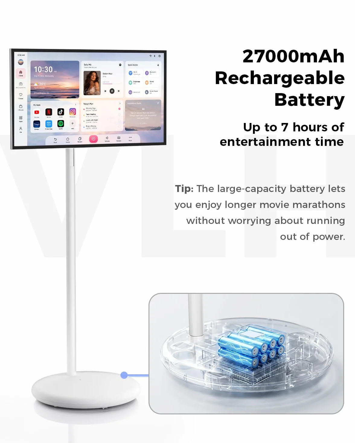 VLH 27″ FHD Touch Screen Rolling TV, Smart Portable TV on Wheels, 6G+128GB, 27000mAh Battery, Android 15 OS, EDLA-Certified, Wireless Tablet TV with Voice Remote Control, Built-in 13MP Camera