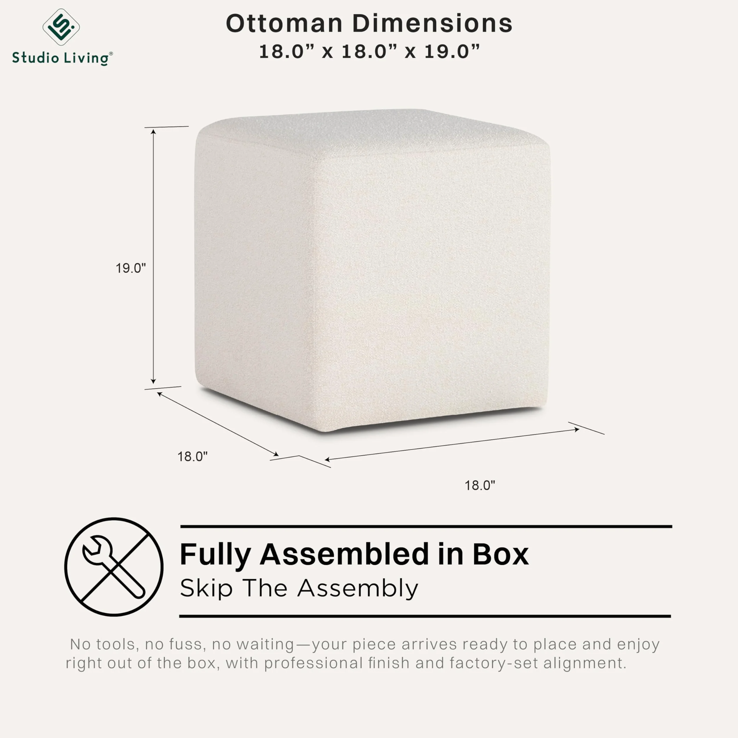 Studio Living Warren 18" Cube Ottoman, Urban Transitional, Fully Assembled, Soft Boucle Fabric, Snow
