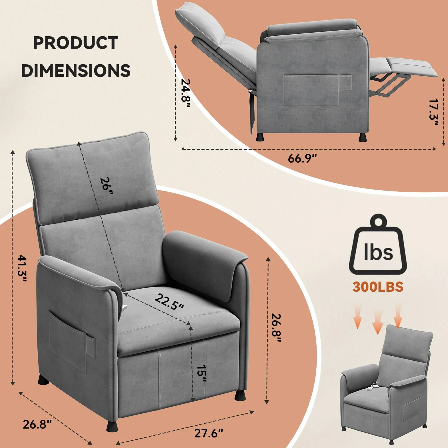 Recliner Chair，Electric Adjustable Chenille Recliner with Remote Control and Padded Backrest,Home Theater Recliner Single Sofa Seat with Thick Seat Cushion for Living Room Bedroom (Grey)
