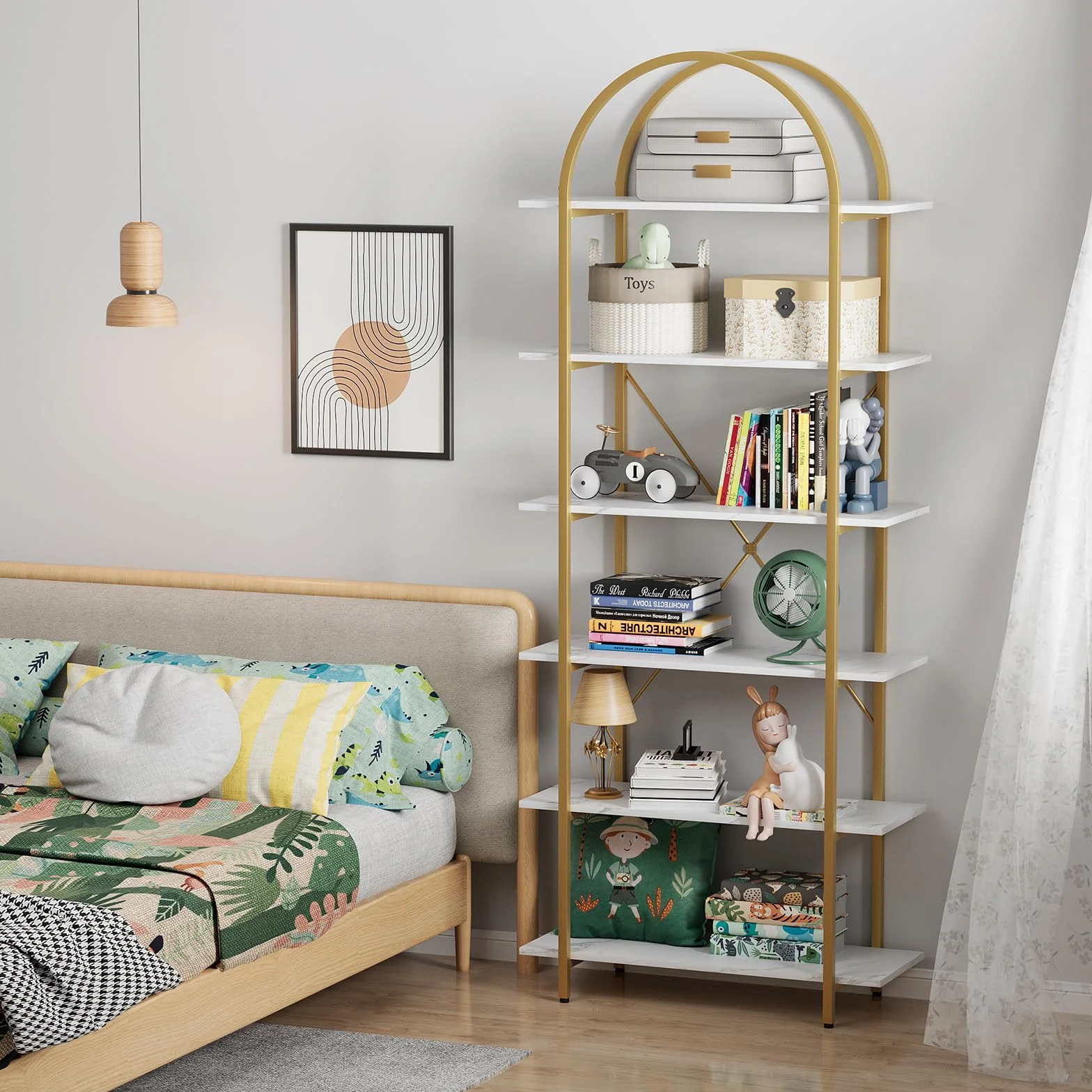 Arbuxzuy 6 Tier Bookshelf, 83" Tall Arched Bookcase, Tall Book Shelf with Metal Frame, Modern Display Standing Shelf for Living Room, Home Office, Bedroom, Gold