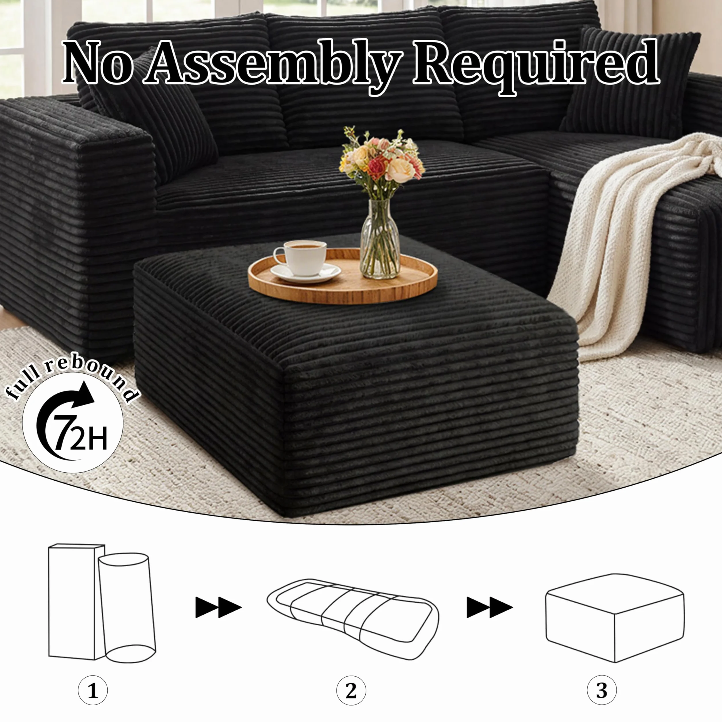Corduroy Ottoman, Modern Boneless Cloud Foot Rest Foam Support, Oversized Modular Sectional Sofa Stool for Living Room, Bedroom & Small Spaces, No Assembly Required (Black, Ottoman)