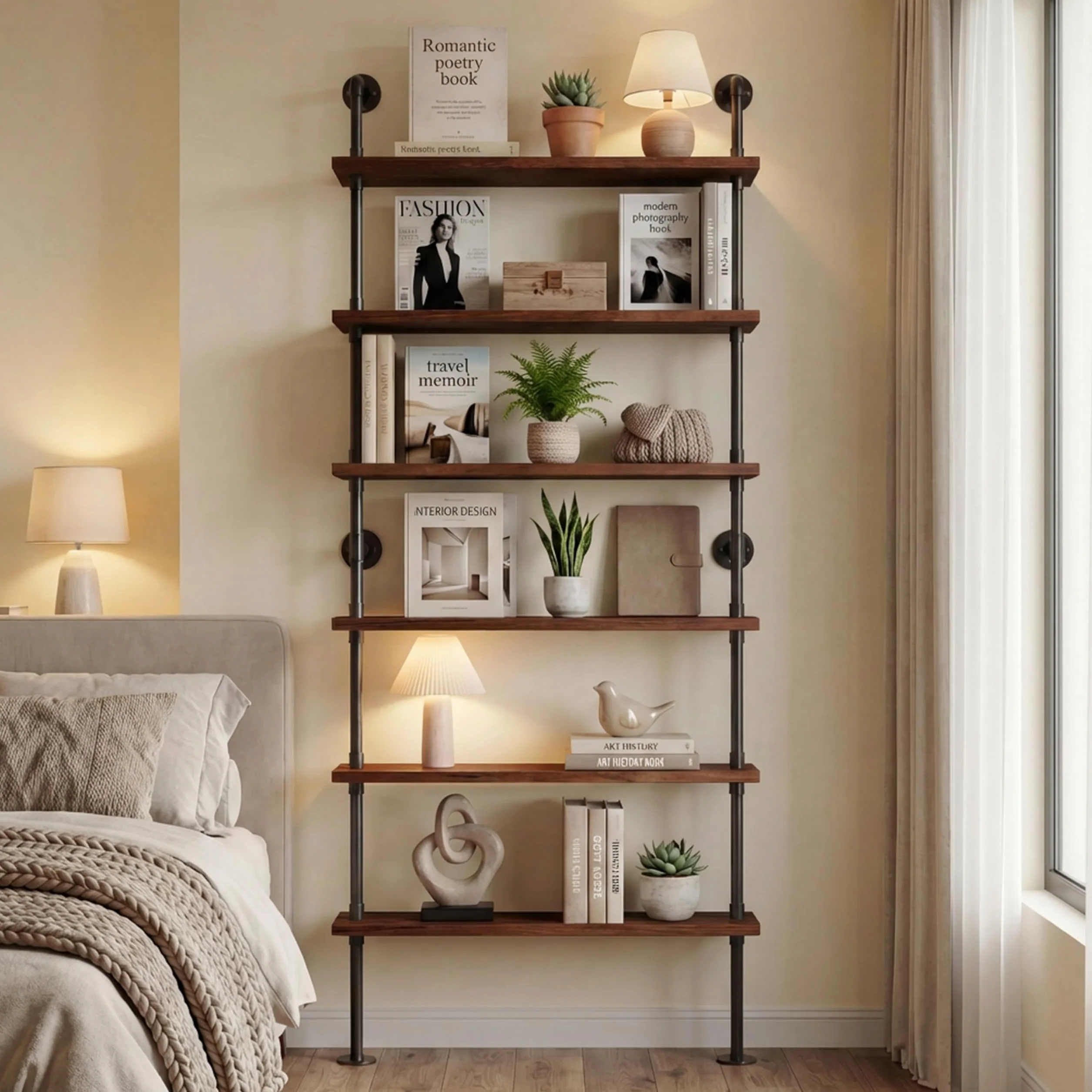 Industrial Pipe Bookshelf, Wall Mounted Shelf, 36 Inch, Walnut Brown | 6 Tier Open Bookcase, Solid pine wood, black iron pipe frame, 40 lbs per shelf, for books, kitchen, office decor