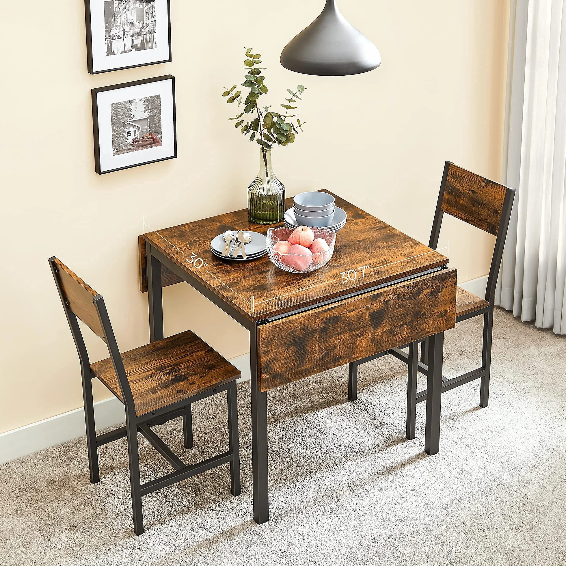 VASAGLE Folding Dining Table, Kitchen Table, Drop Leaf Extendable Table for Small Spaces, Seats 2-4 People, Industrial, Rustic Brown and Black UKDT077B01