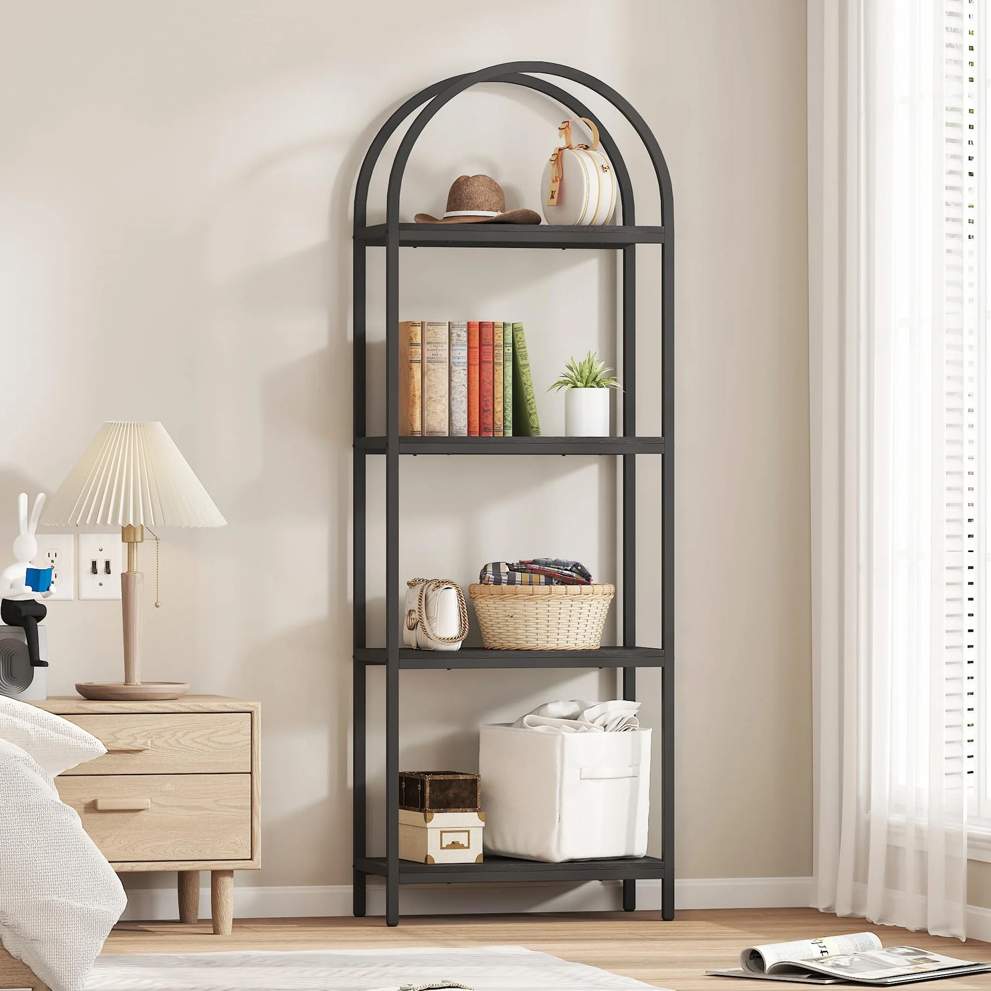 Yusong Bookshelf 4 Tier Arched Bookcase, 71.3" Tall Industrial Open Book Shelves for Living Room, Modern Freestanding Display Shelving Unit Storage Rack with Metal Frame, Office, Bedroom, Black