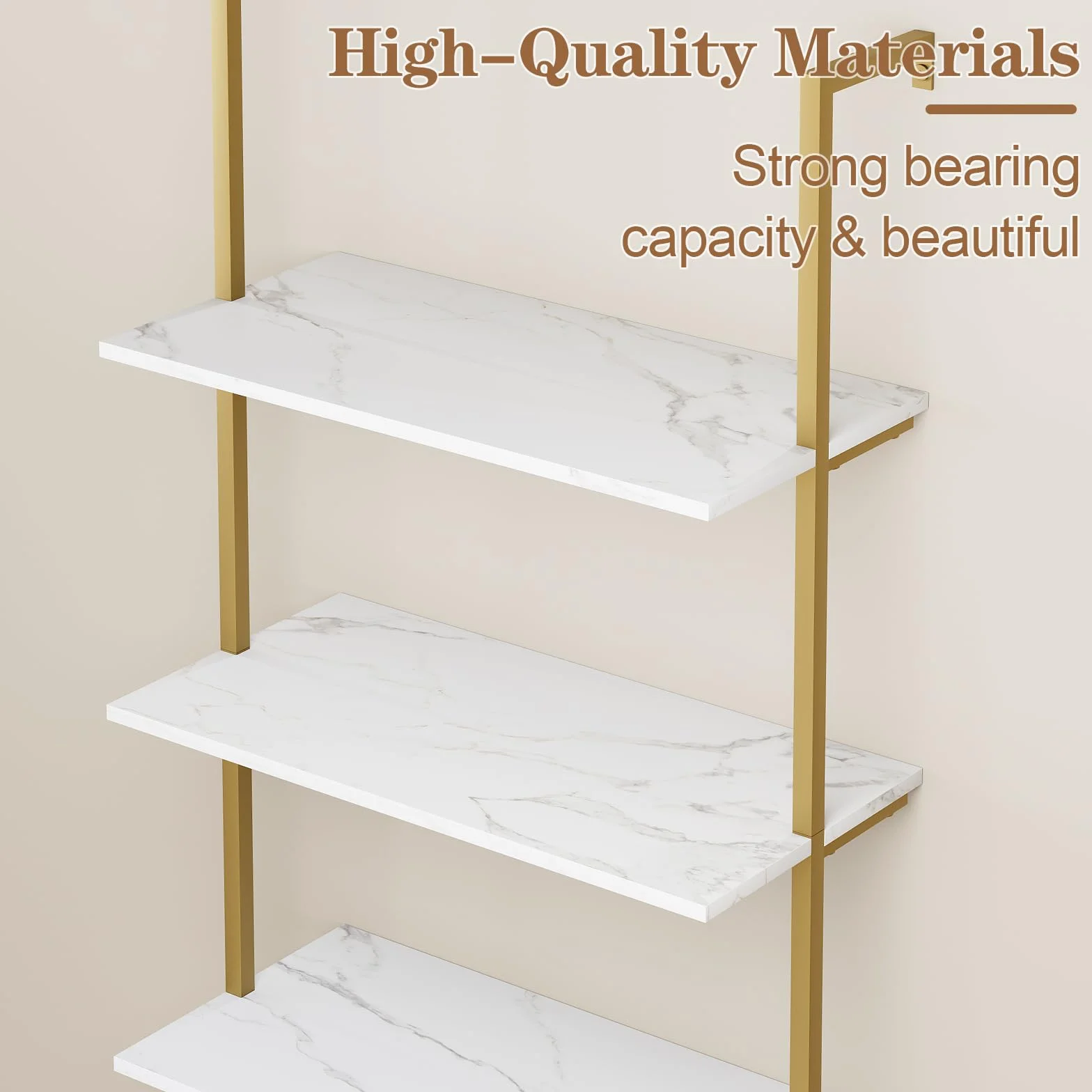 Wolawu Ladder Shelf 5 Tiers Wall Mounted Bookshelf 2-Piece White Marble Modern Bookshelf Open Tall Storage Bookcase Standing Leaning Wall Shelves Industrial Decorative for Home Office Living Room