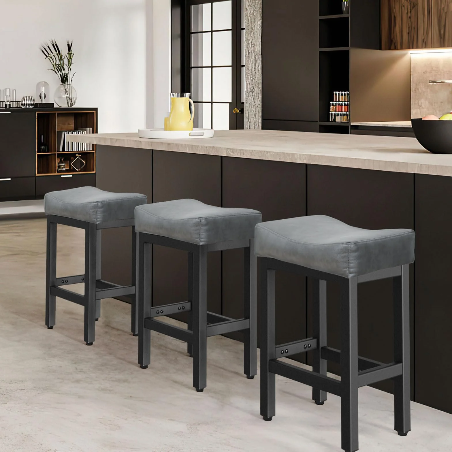 Raynesys 24 Inche Bonded Leather Counter Height Bar Stools Set of 2 Square | Barstools with Thick Bonded Leather Saddle Seats & Heavy Duty Metal Base for Kitchen Counter, Easy Assembly, All Black