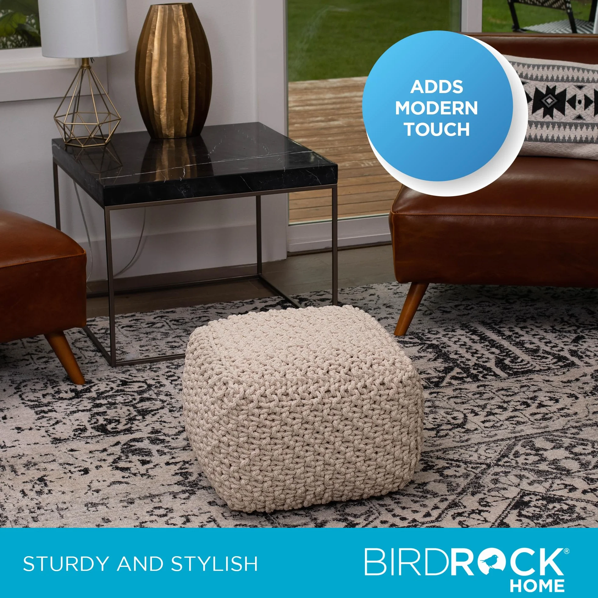 BIRDROCK HOME Square Pouf Ottoman - Cotton Braided Foot Stool with Bean Bag Filling - Compact and Comfortable Seating, Lightweight and Sturdy Boho Foot Rest for Living Room or Bedroom (Natural)