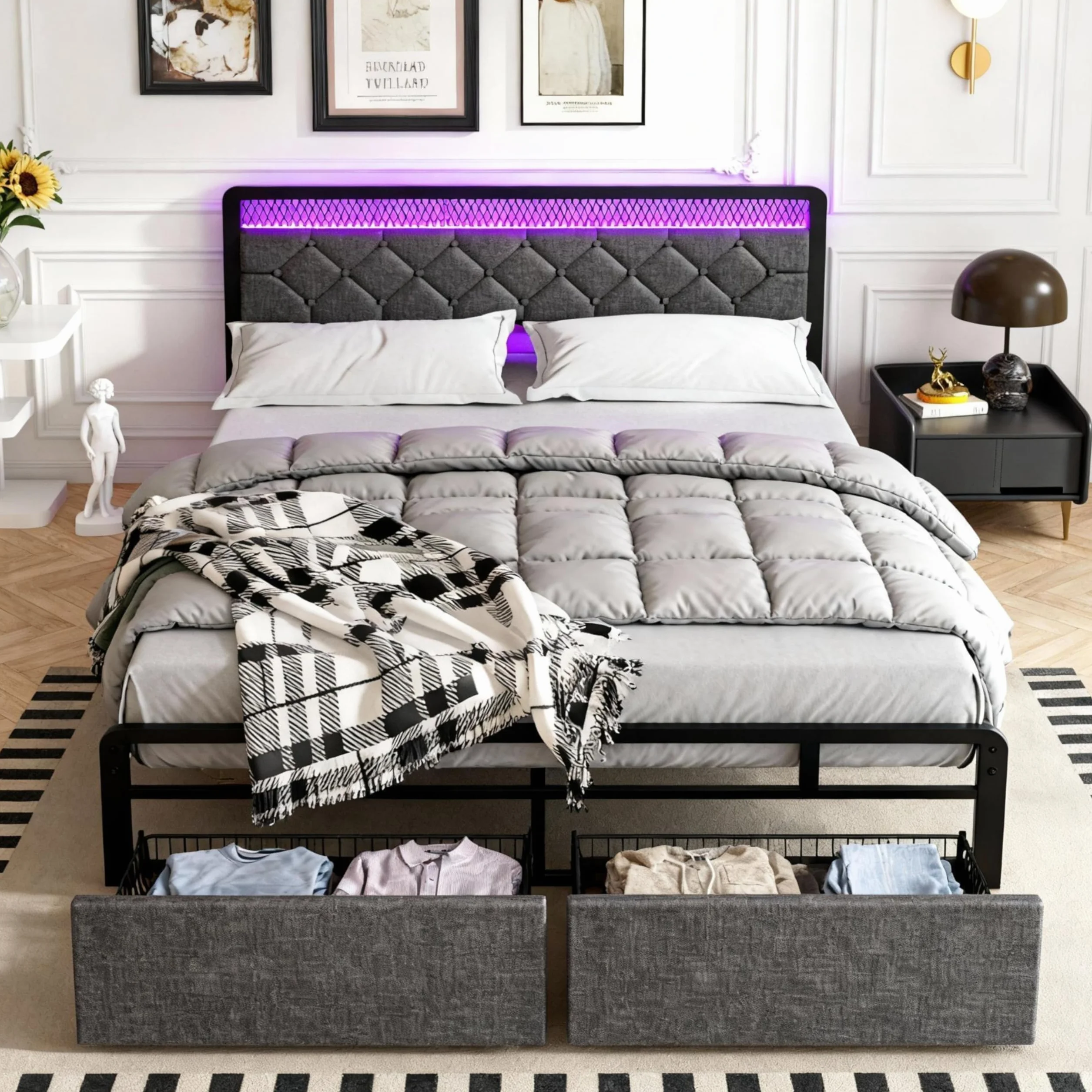 Queen Size Bed Frame with 2 Drawers, Upholstered Platform Bed Frame Queen with Led Light, Metal Platform Bed, Easy Assembly, No Box Spring Needed, Grey