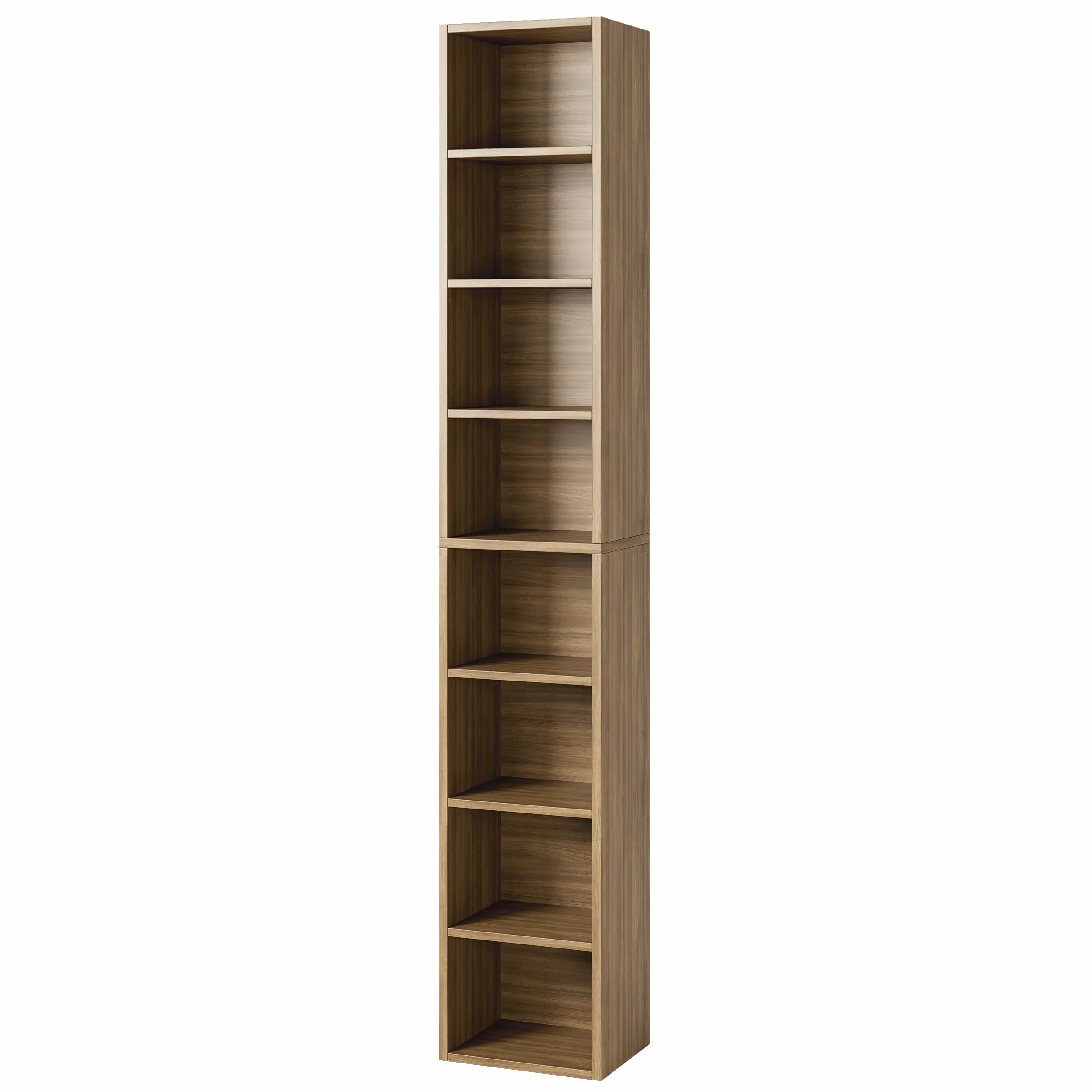Bamjoy 71 Inches Tall Narrow Bookshelf, 8-Tier Slim CD DVD Media Shelf, Corner Bookcase with Adjustable Shelves, Cube Skinny Bookshelf for Home Office Small Space, Light Walnut