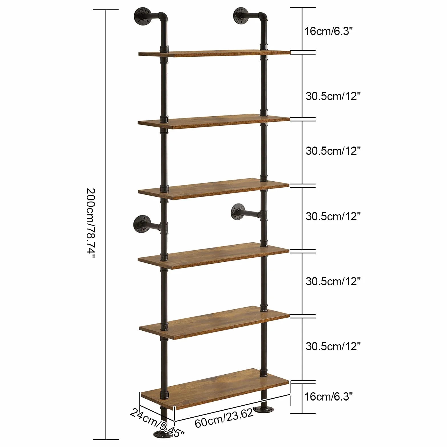 YMYNY Industrial Pipe Ladder Shelf, 6-Tier Wall Mounted Bookcase with Metal Frame, 78.7" Open Bookshelf, Multifunctional Storage Rack for Home Office, Living Room, Plant Stand, Rustic Brown, RF-TM018