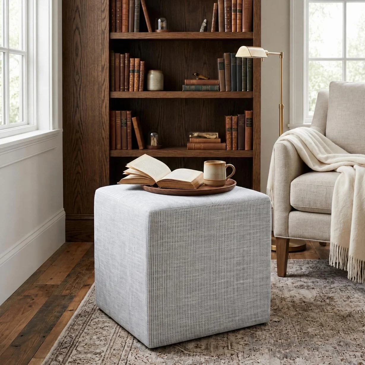 HomePop 19" Square Ottoman - Blue Pinstripe Fabric