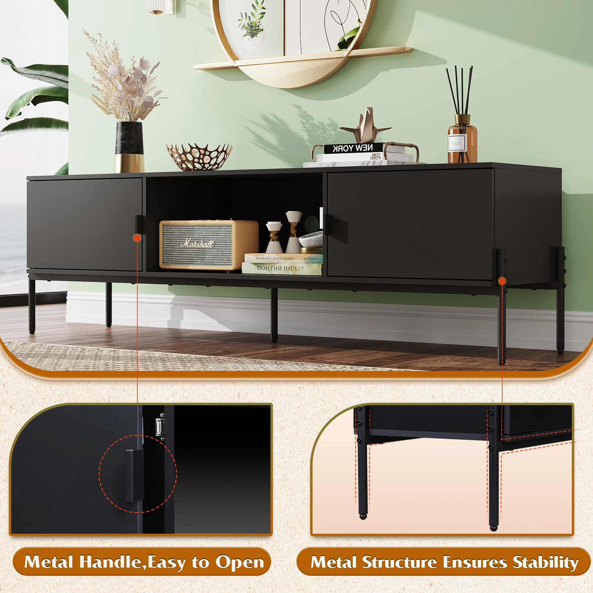 WLIVE 58" TV Stand for 65 Inch TVs, Mid Century Modern Entertainment Center with 2 Storage Cabinets & Open Shelf, Media Console Table with Metal Legs for Living Room, Bedroom, Black