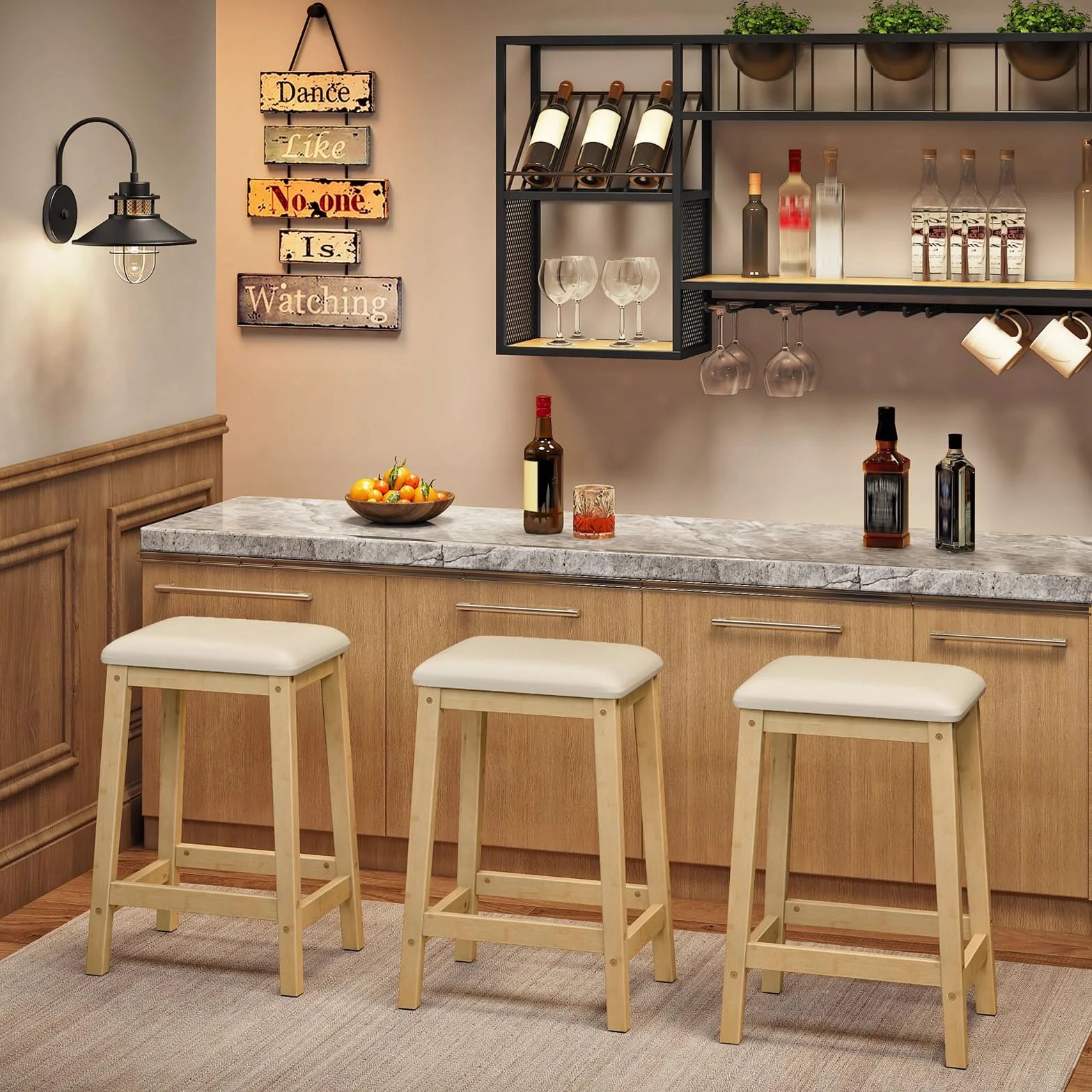 HOOBRO Bar Stools, Set of 2 Bar Chairs, Counter Height Bar Stools, PU Upholstered Kitchen Stools, 24 Inch Bamboo Saddle Stools with Footrests, for Kitchen, Dining Room, Bar, Beige and Natural YE04MD01