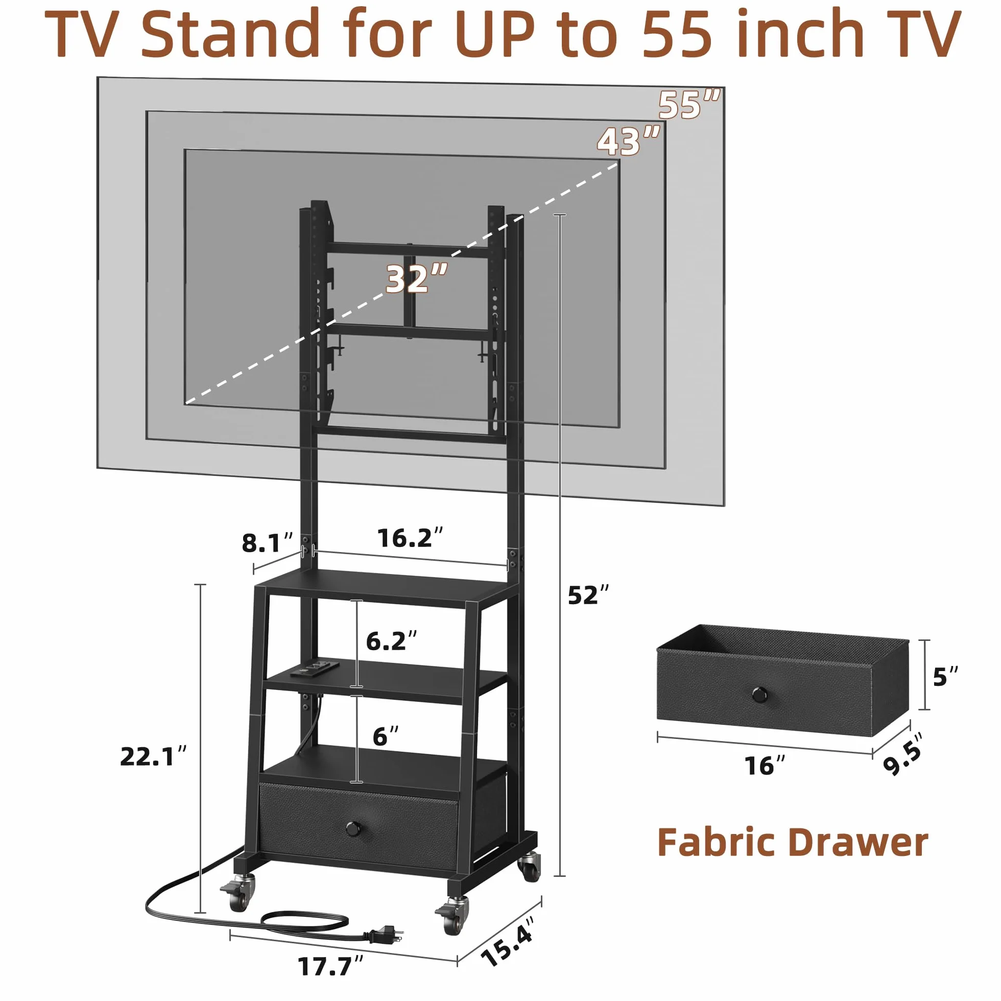 AFLUI Rolling TV Stand with Wheels and Mount & Fabric Drawer - Entertainment Center with Power Outlet and Small TV Stand for Bedroom, Living Room - 15" Black