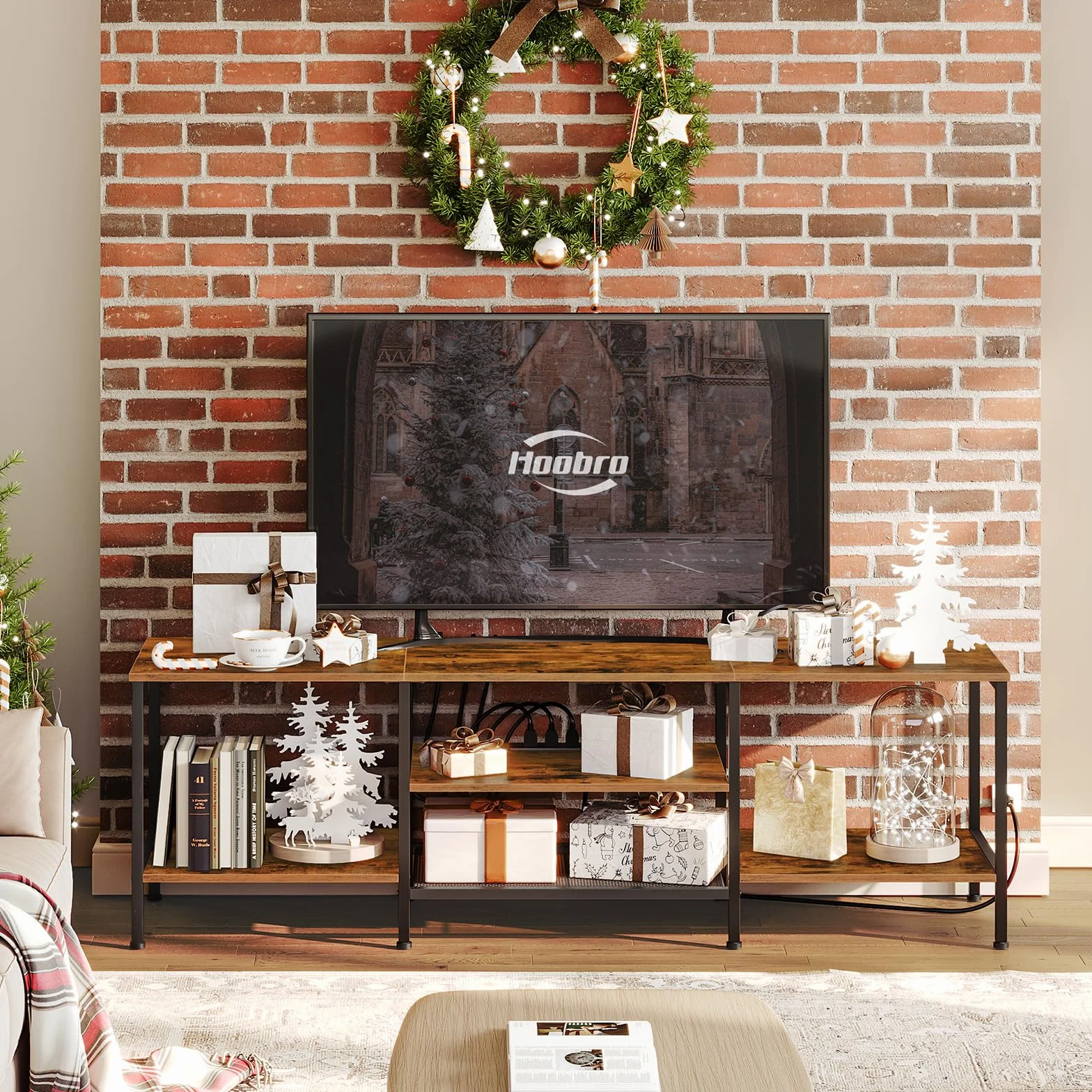 HOOBRO TV Stand with Power Outlets to 75 Inches, TV Console Table with Open Storage Shelves Cabinet, Industrial Media Entertainment Center for Living Room Bedroom, Rustic Brown and Black BF80DS01