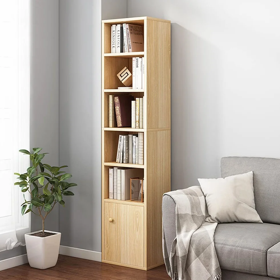 IOTXY Narrow Corner Bookcase with Door - Oak 59" Tall Gap Storage Cabinet | Modern Minimalist Style, MDF Material, Adjustable Shelves, 6 Cubes Open Bookshelf, Floor Tower Rack, Space-Saving Organizer
