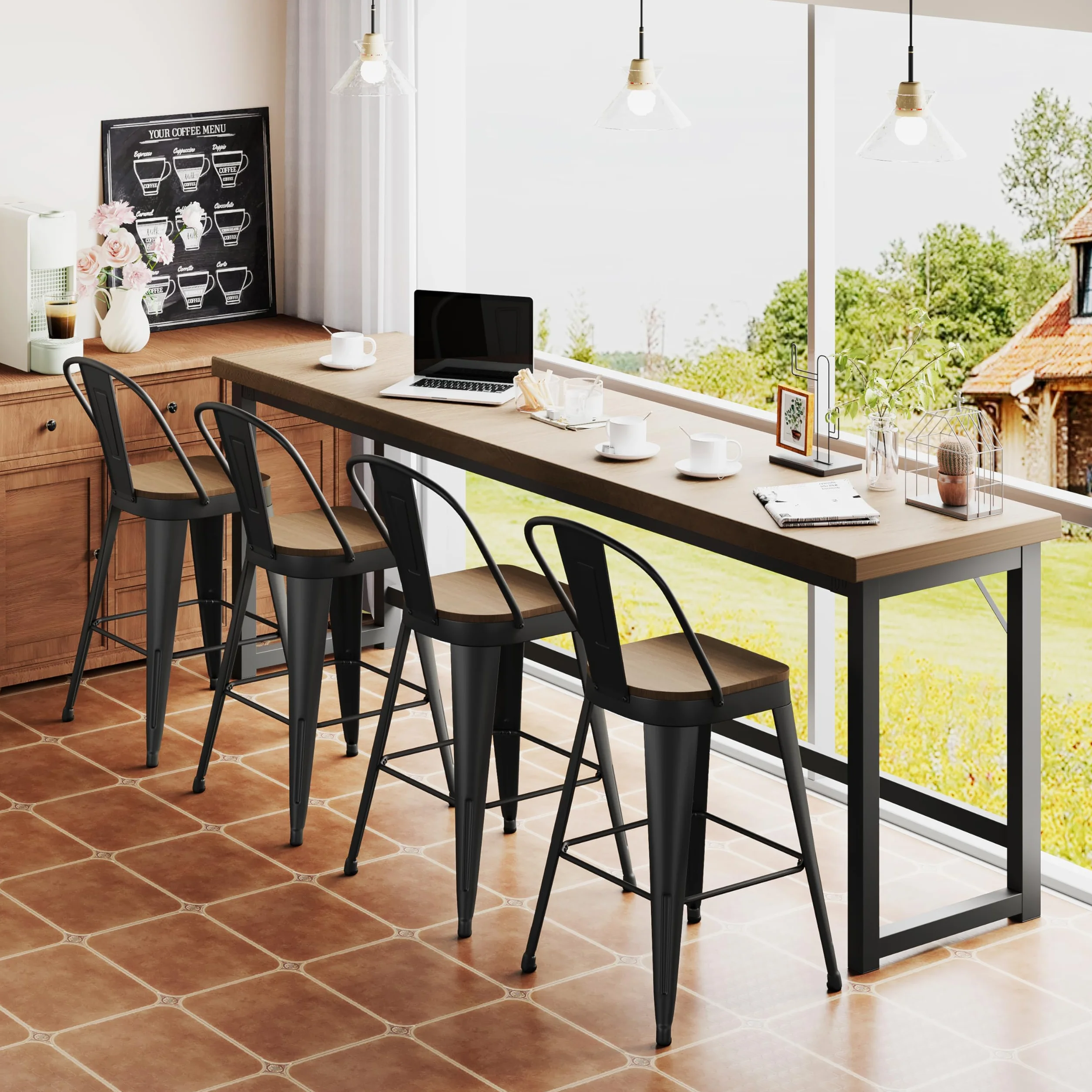 ALISH 24 Inch Bar Stools Set of 4, Industrial Counter Height Barstools High Back Metal Bar Stools with Large Wood Seat Bar Chairs for Kitchen Island (24 Inch Set of 4, Black)