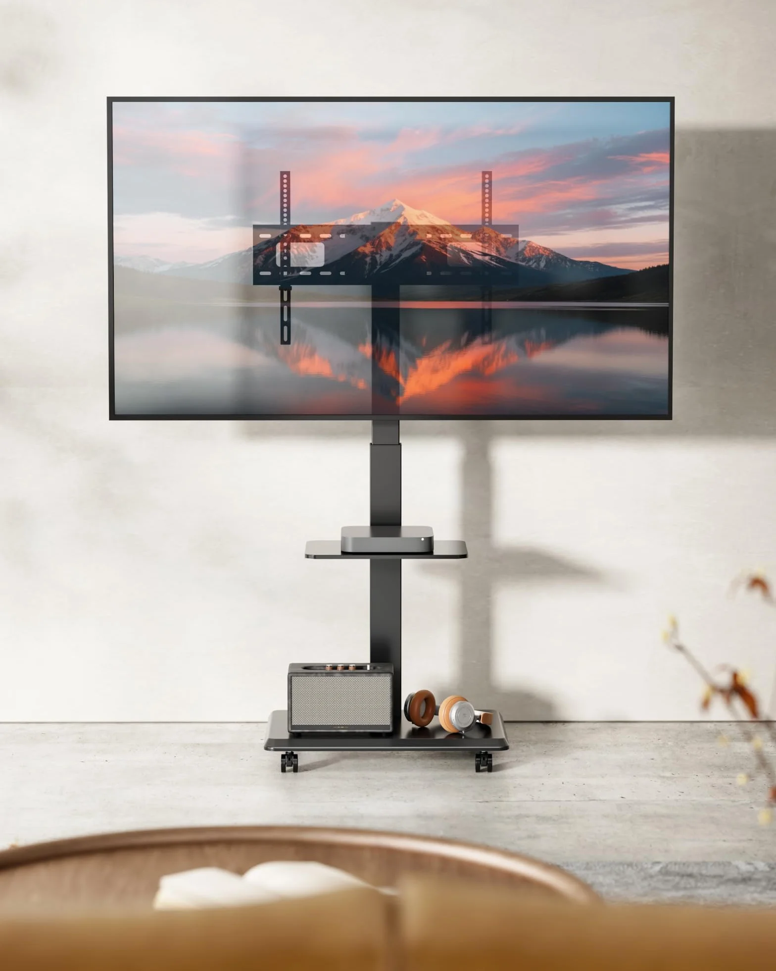 Steel Base Rolling TV Stand for 32-75 inch TVs up to 110 lbs, Black | Leveling&Tilt&Swivel Mobile TV Stand, Hidden Wire Management, Height Adjustable Portable TV Stand, Large Storage,Steel Shelf