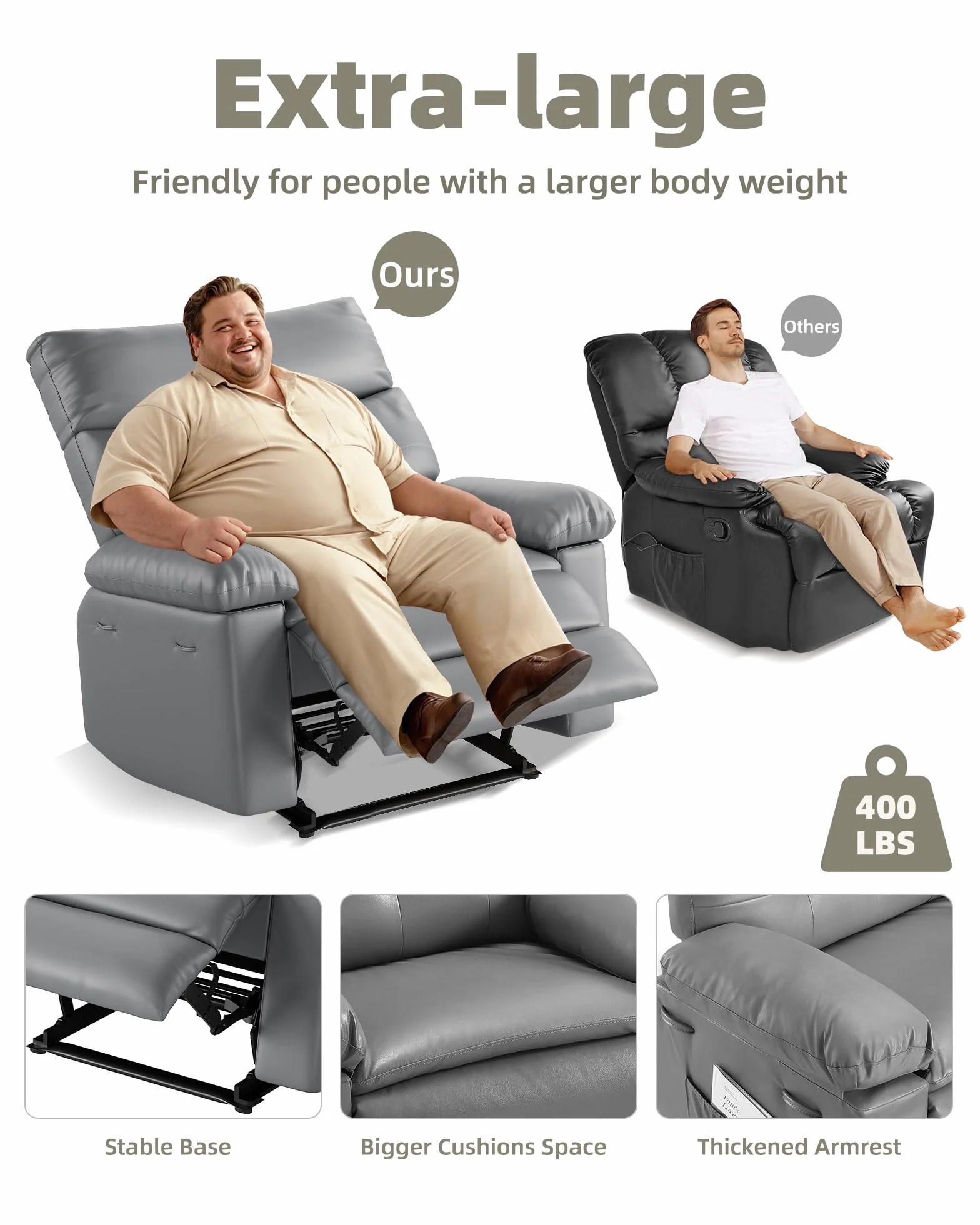 GarveeHome Oversized Recliner Chair - Faux PU Leather Manual Recliner for Adults, Lazy Chair with 1.5X Sponge Comfort Arm and Back for Living Room, Bedroom