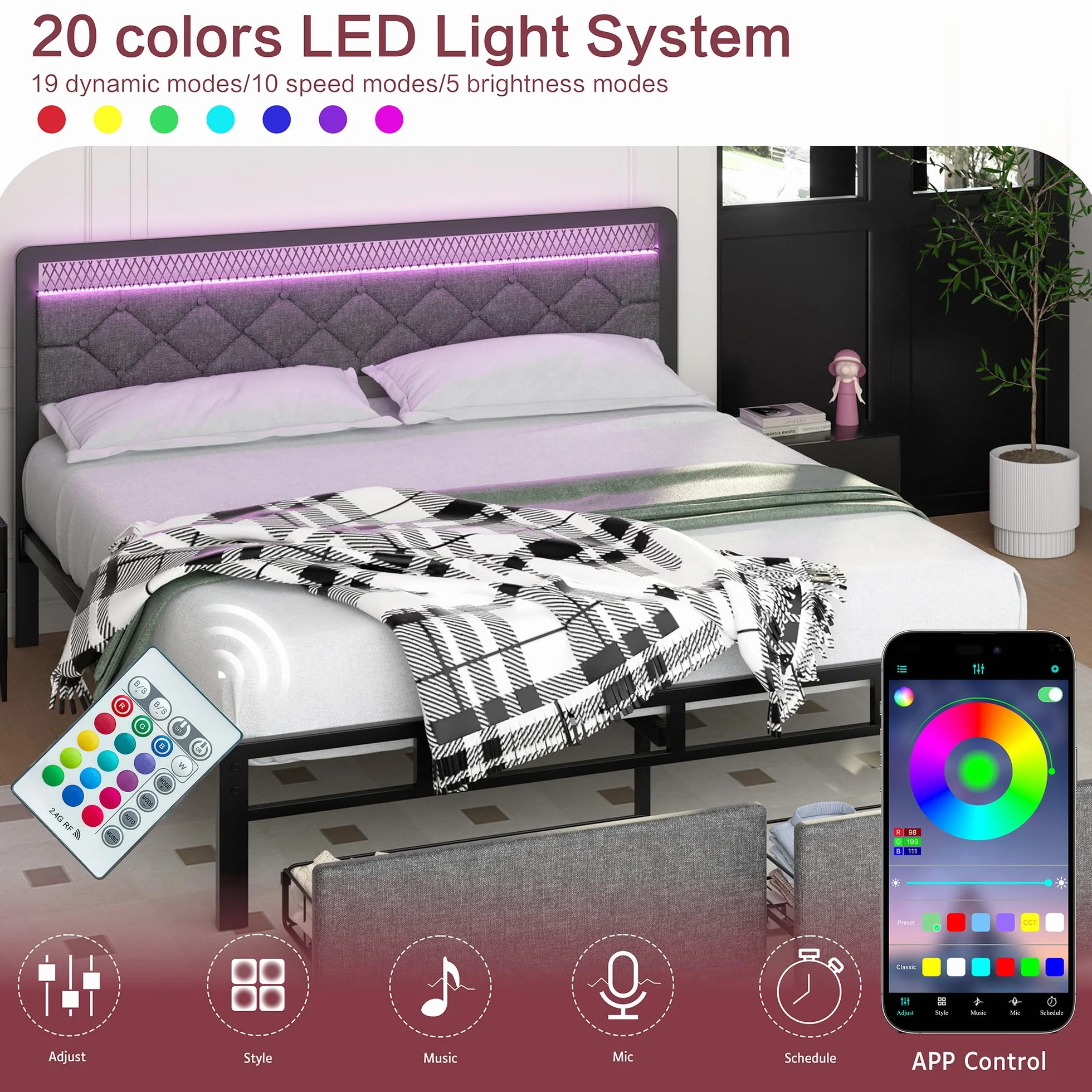 Queen Size Bed Frame with 2 Drawers, Upholstered Platform Bed Frame Queen with Led Light, Metal Platform Bed, Easy Assembly, No Box Spring Needed, Grey