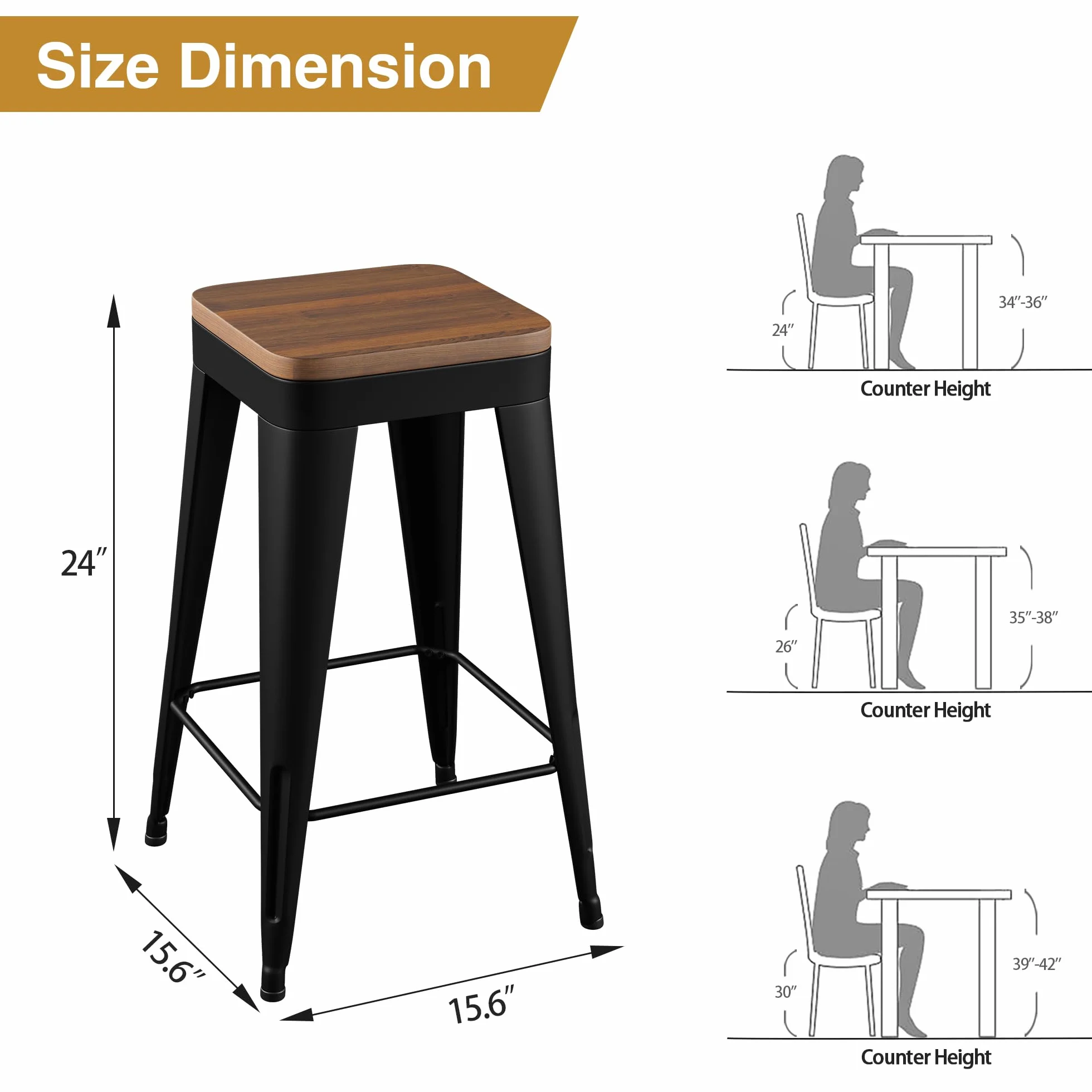 Bar Stools Set of 4 Metal Bar Stool Counter Height Bar Stools Black, Modern 24" Bar Chairs Without Back,Wooden Seat Bar Stool Counter Height
