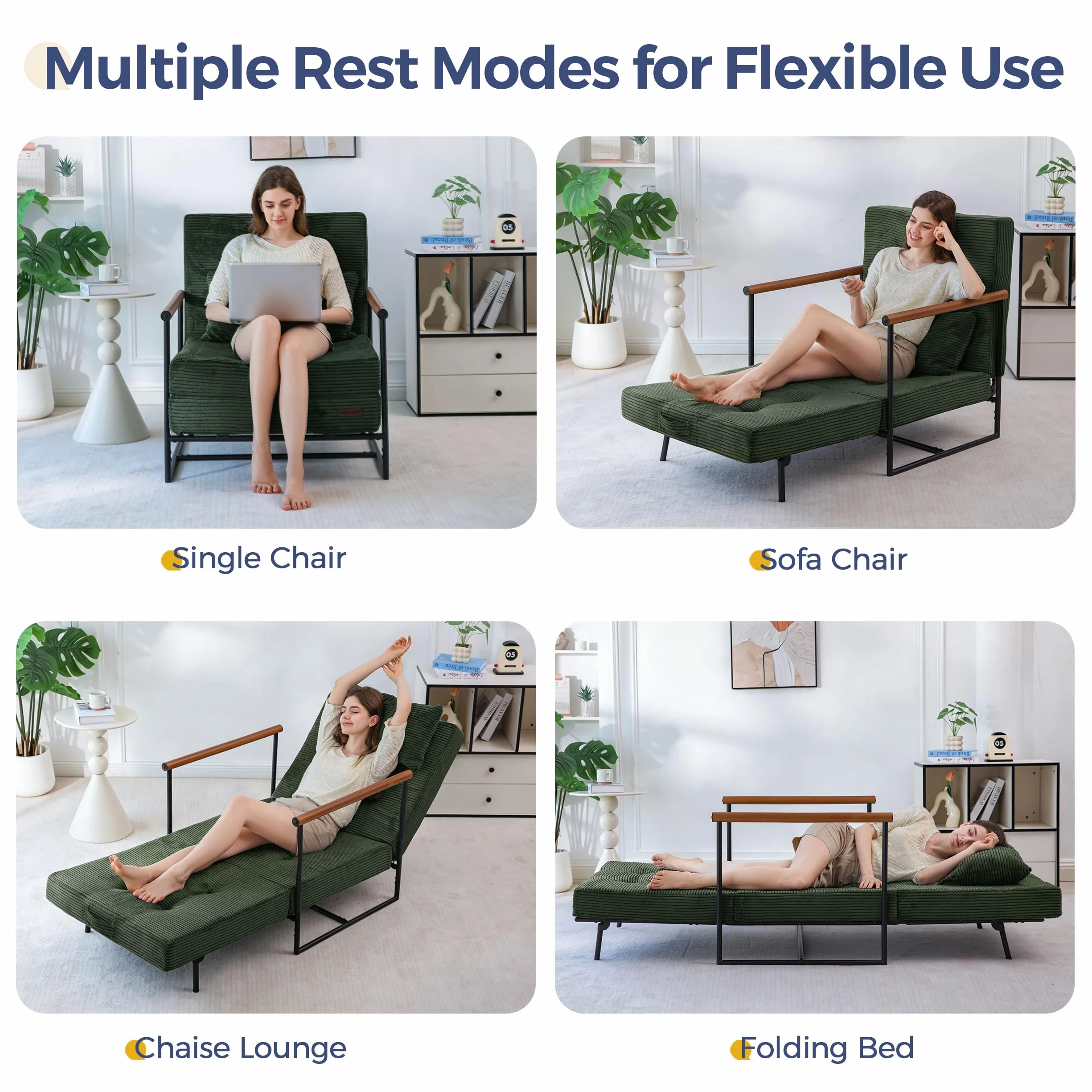 MAXYOYO Chair Bed, Adjustable Sleeper Chair, Single Sofa Bed with Frame | 2-in-1 Folding Lounge Chair, Adjustable Backrest and Tufted Corded Upholstery for Living Rooms or Bedrooms, Dark Green