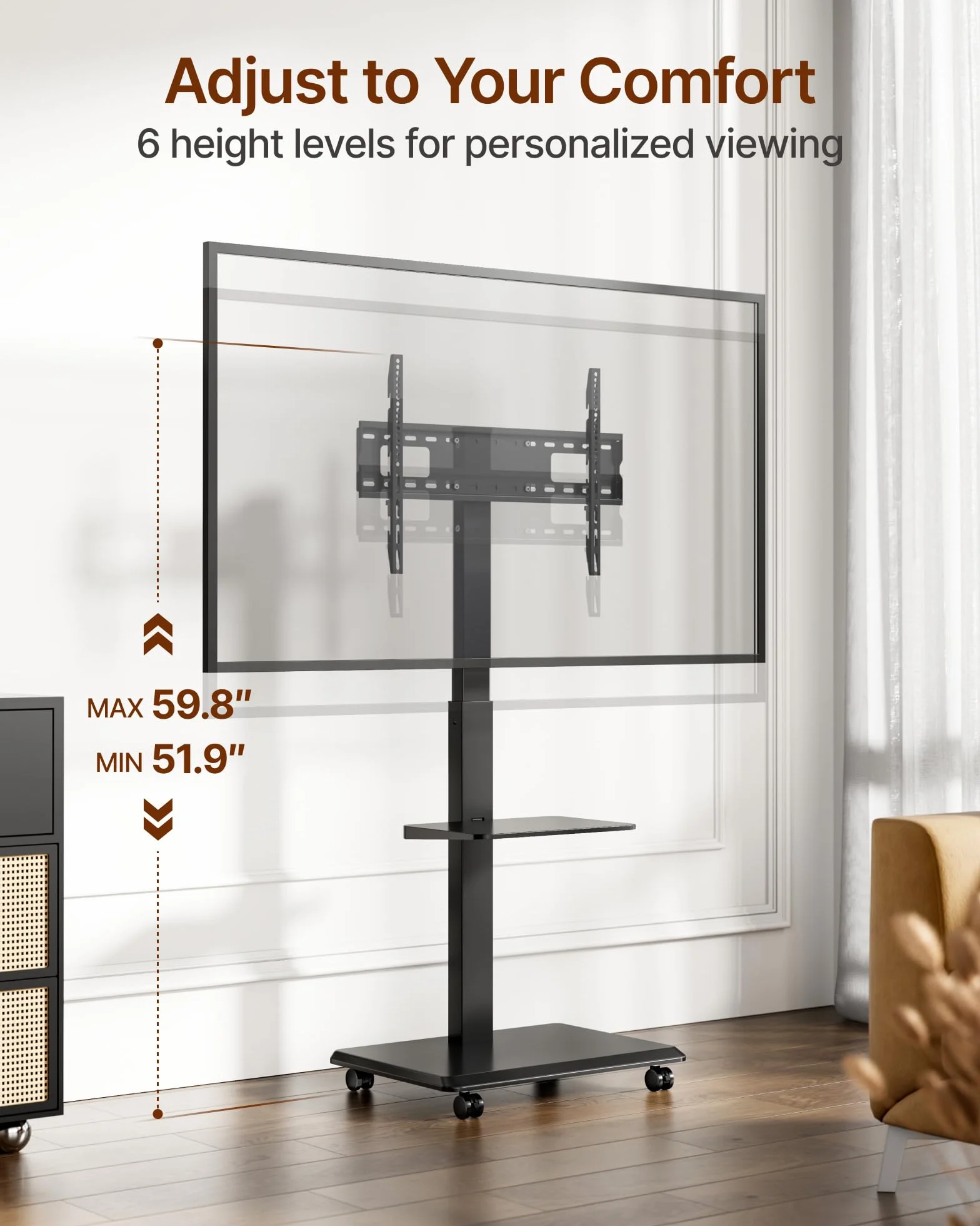 Steel Base Rolling TV Stand for 32-75 inch TVs up to 110 lbs, Black | Leveling&Tilt&Swivel Mobile TV Stand, Hidden Wire Management, Height Adjustable Portable TV Stand, Large Storage,Steel Shelf