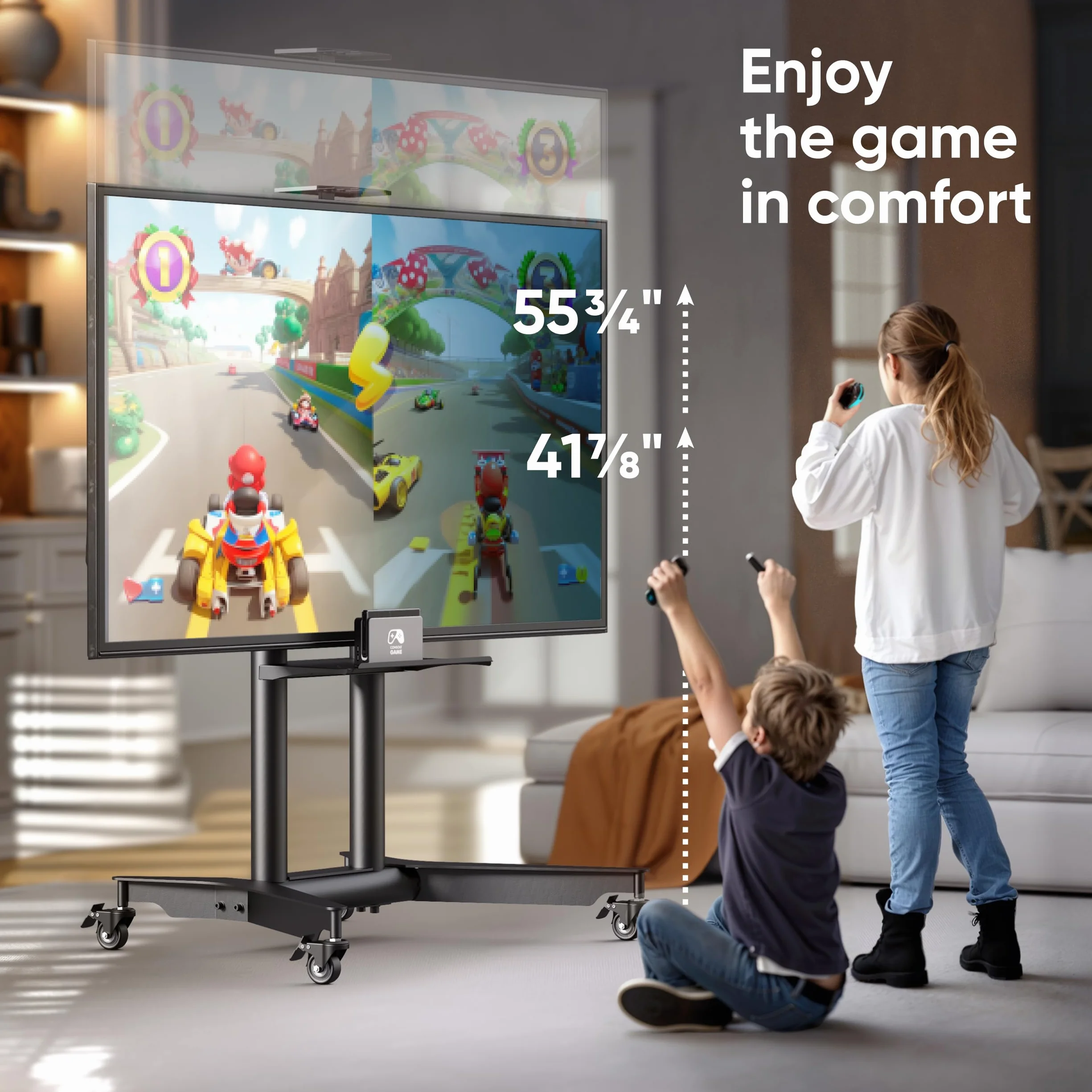 ONKRON Mobile TV Stand 32-75 Inch, up to 110 lbs, max VESA 600x400, Black | TV rolling cart height adjustable 39.3"-57.6", AV & webcam shelves, locking wheels; for home, office & meeting rooms