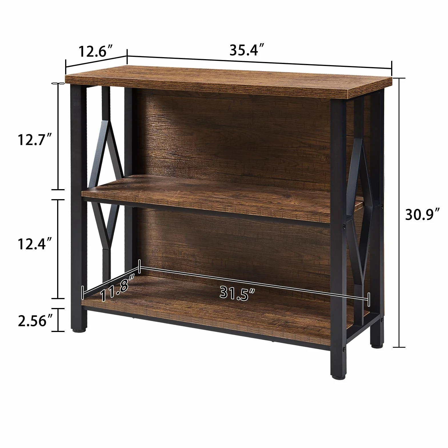 HOMISSUE Bookshelf, 3-Tier Rustic Short Bookshelf, Industrial Shelf Bookcase with Engineered Wood Shelves, Low Bookcase with Storage, Small Shelf for Living Room, Bedroom and Office, Rustic Brown