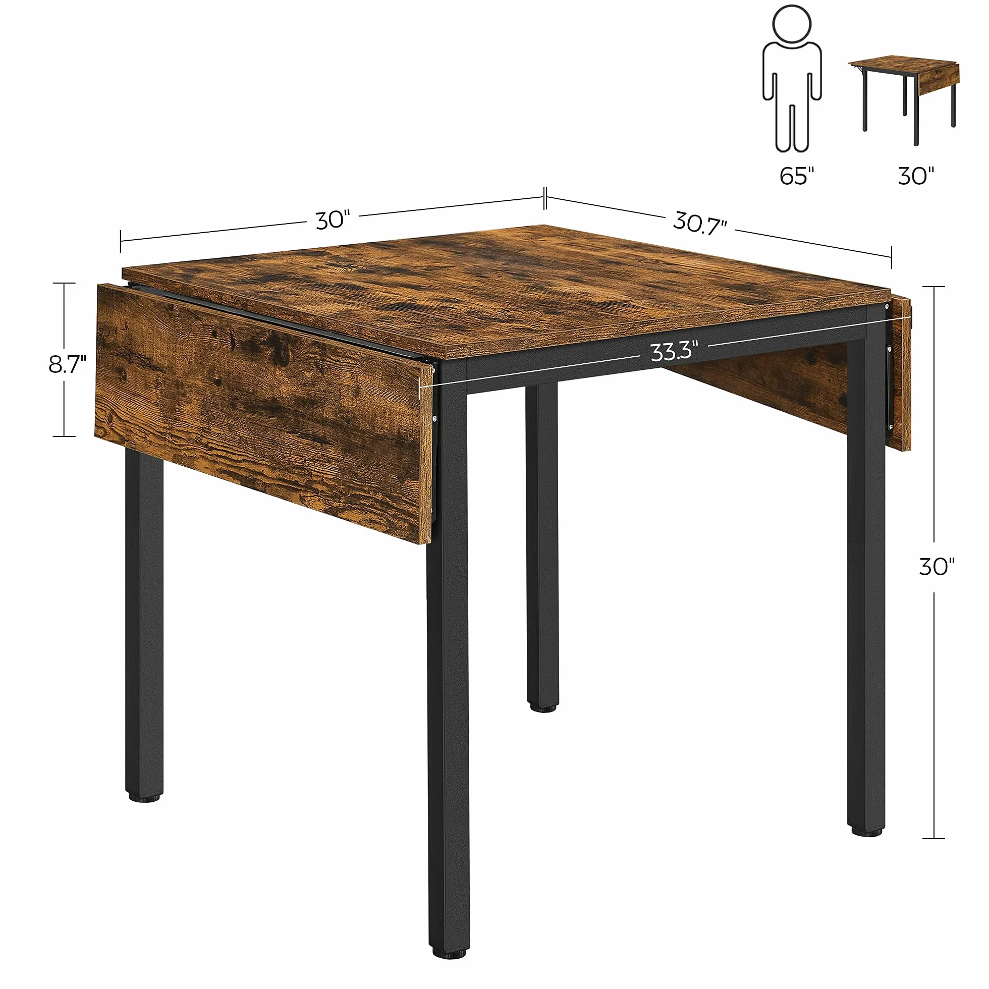 VASAGLE Folding Dining Table, Kitchen Table, Drop Leaf Extendable Table for Small Spaces, Seats 2-4 People, Industrial, Rustic Brown and Black UKDT077B01