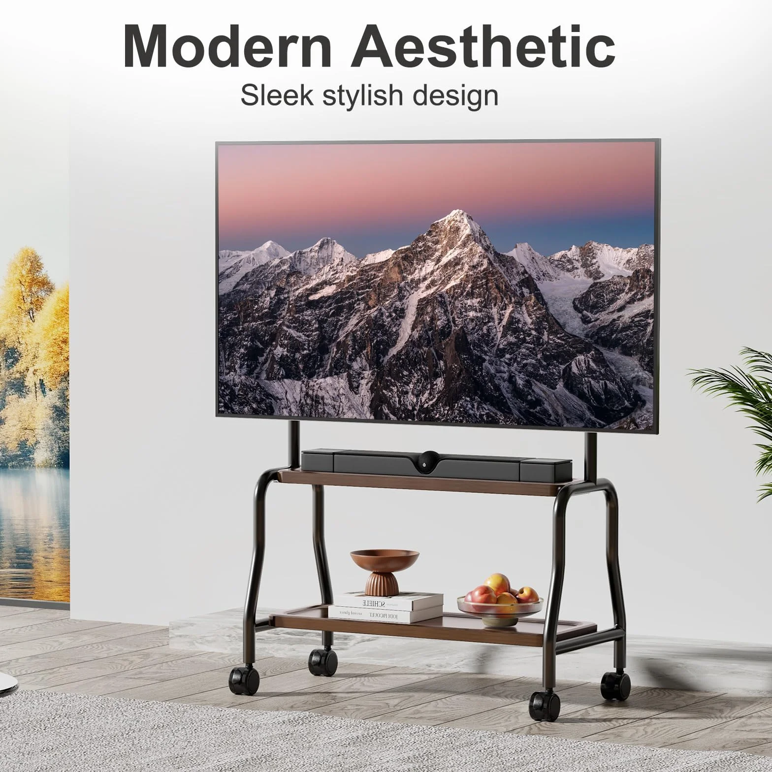 Easel Rolling TV Stand with Wheels for 32-75 Inch TVs, Decorative Mobile TV Cart with Double Wood Shelves, Portable Floor TV Stand for Living Room Office Classroom, VESA 600x400, 110 lbs