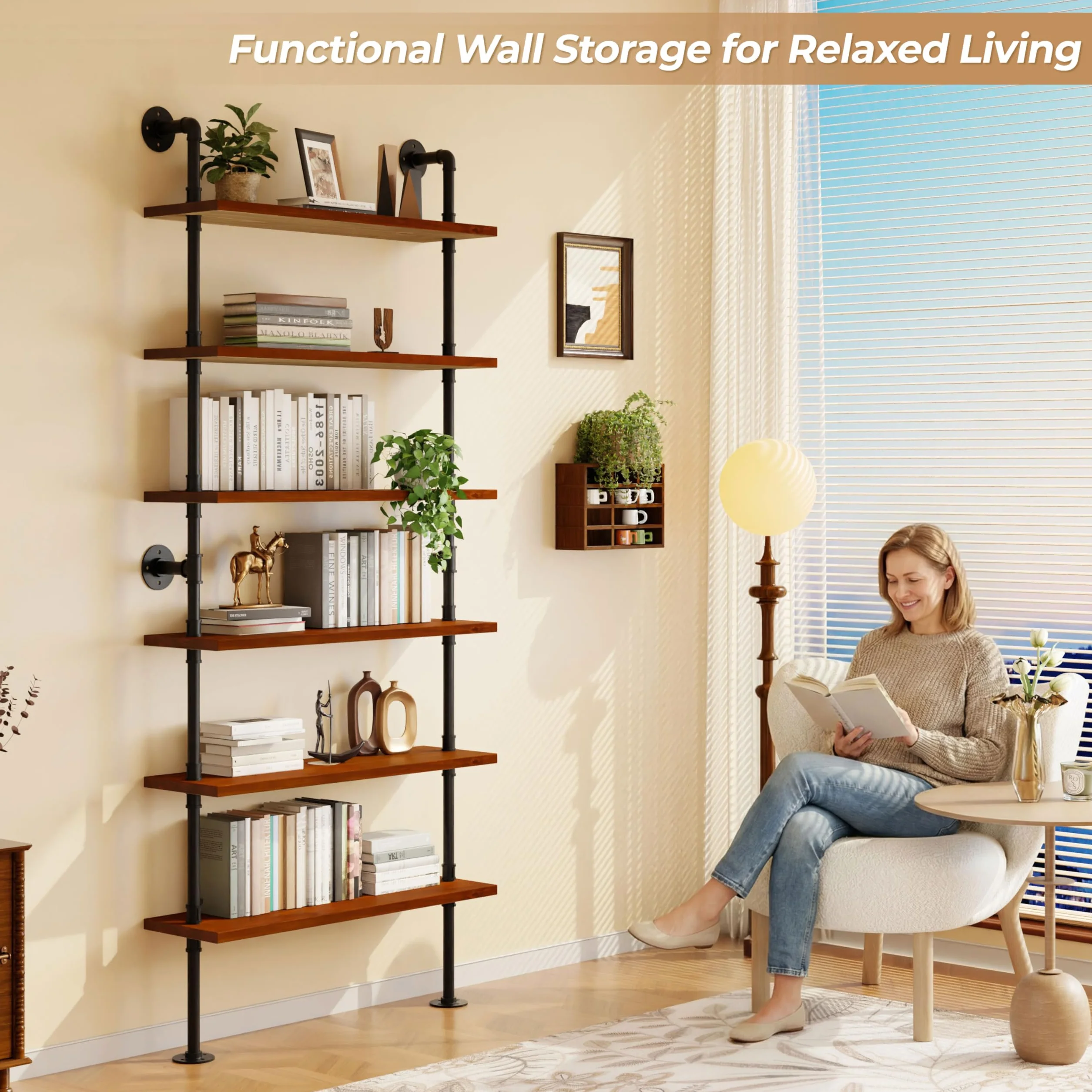 Industrial Pipe Bookshelf, Wall Mounted Shelf, 36 Inch, Walnut Brown | 6 Tier Open Bookcase, Solid pine wood, black iron pipe frame, 40 lbs per shelf, for books, kitchen, office decor