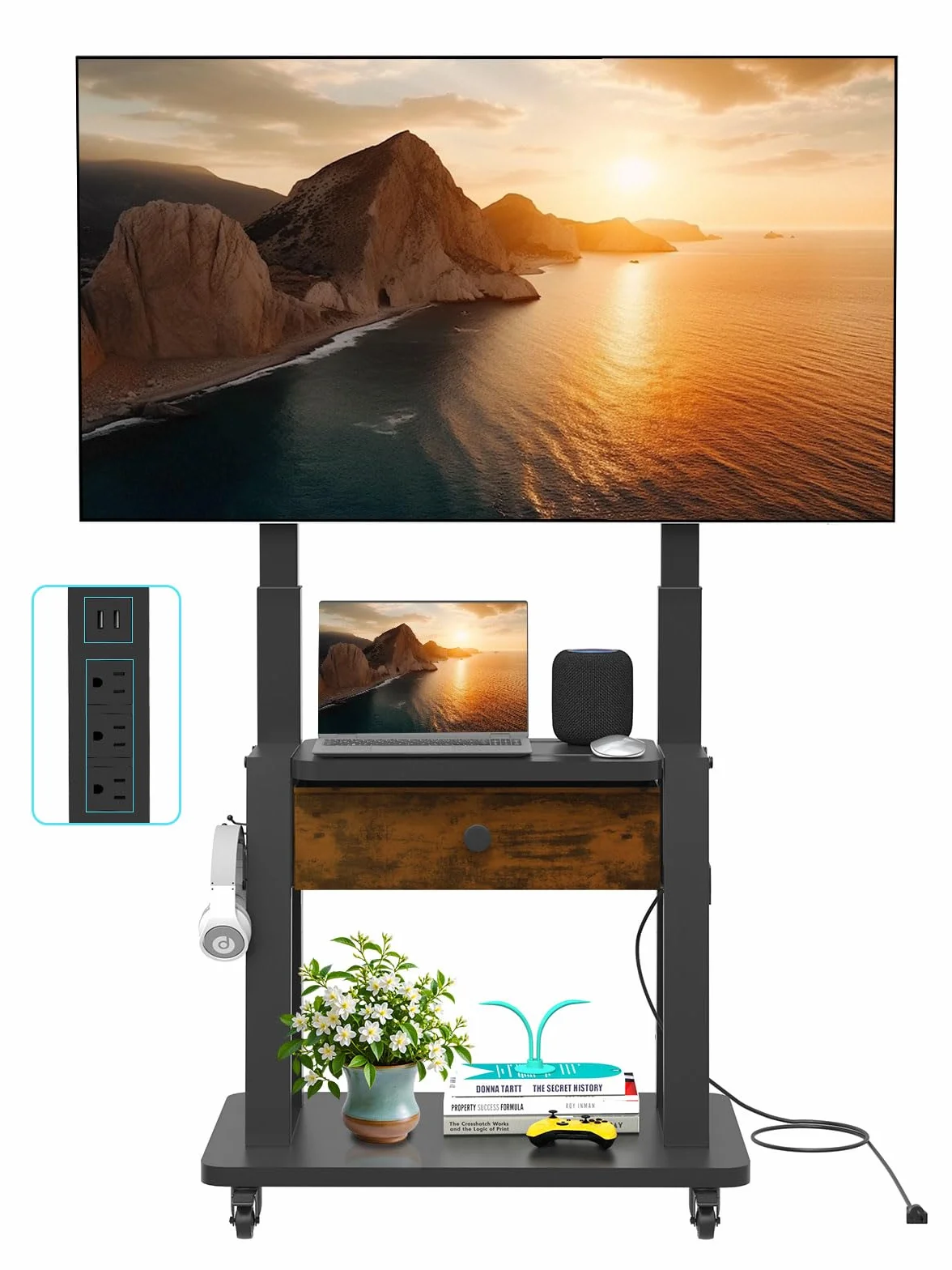 Rolling TV Stand with Power Outlet and Fabric Drawer for 32-75 Inch Flat/Curved Screen up to 220lbs LCD/LED/OLED Adjustable Height Mobile TV Cart with Wheels for Home Office Max VESA 600x400mm