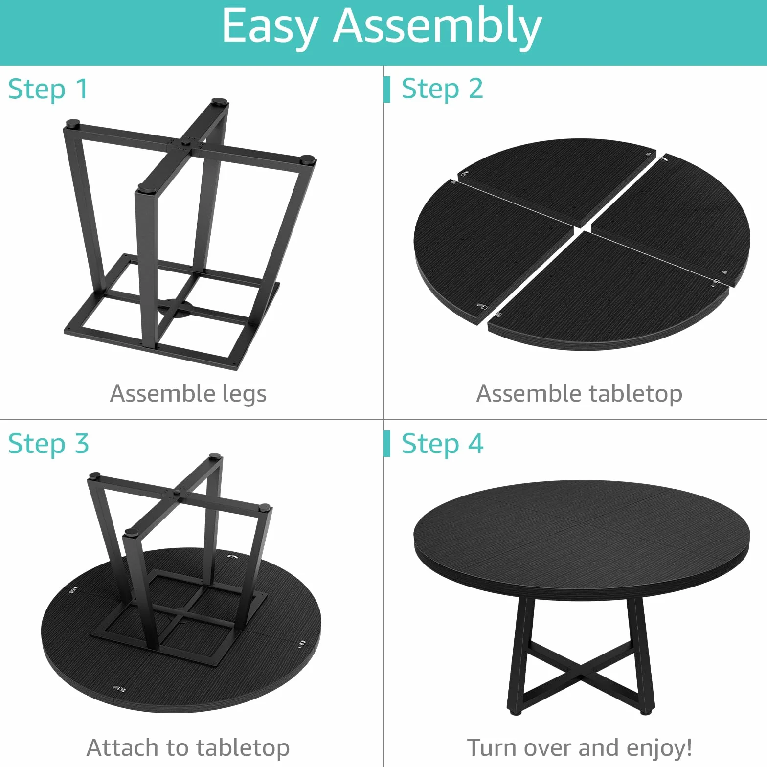 Black Round Dining Table for 6 - Modern Circle 51 Inch Large Room Kitchen Dinning Tables for 4 to 6 Person Seats Small Spaces Wood Dinner Mesa De Comedor Redonda