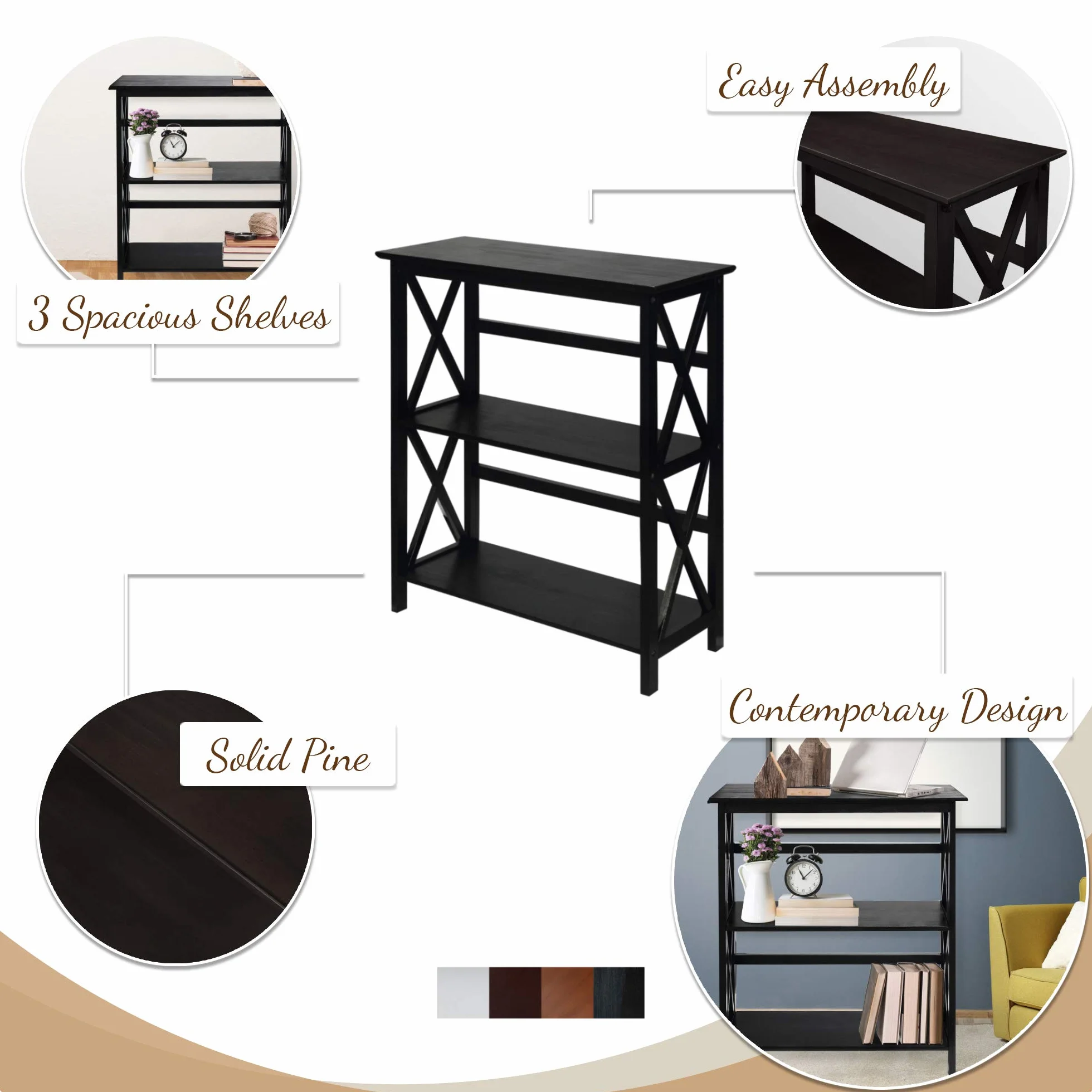 Casual Home Montego 3-Shelf Bookcase, White