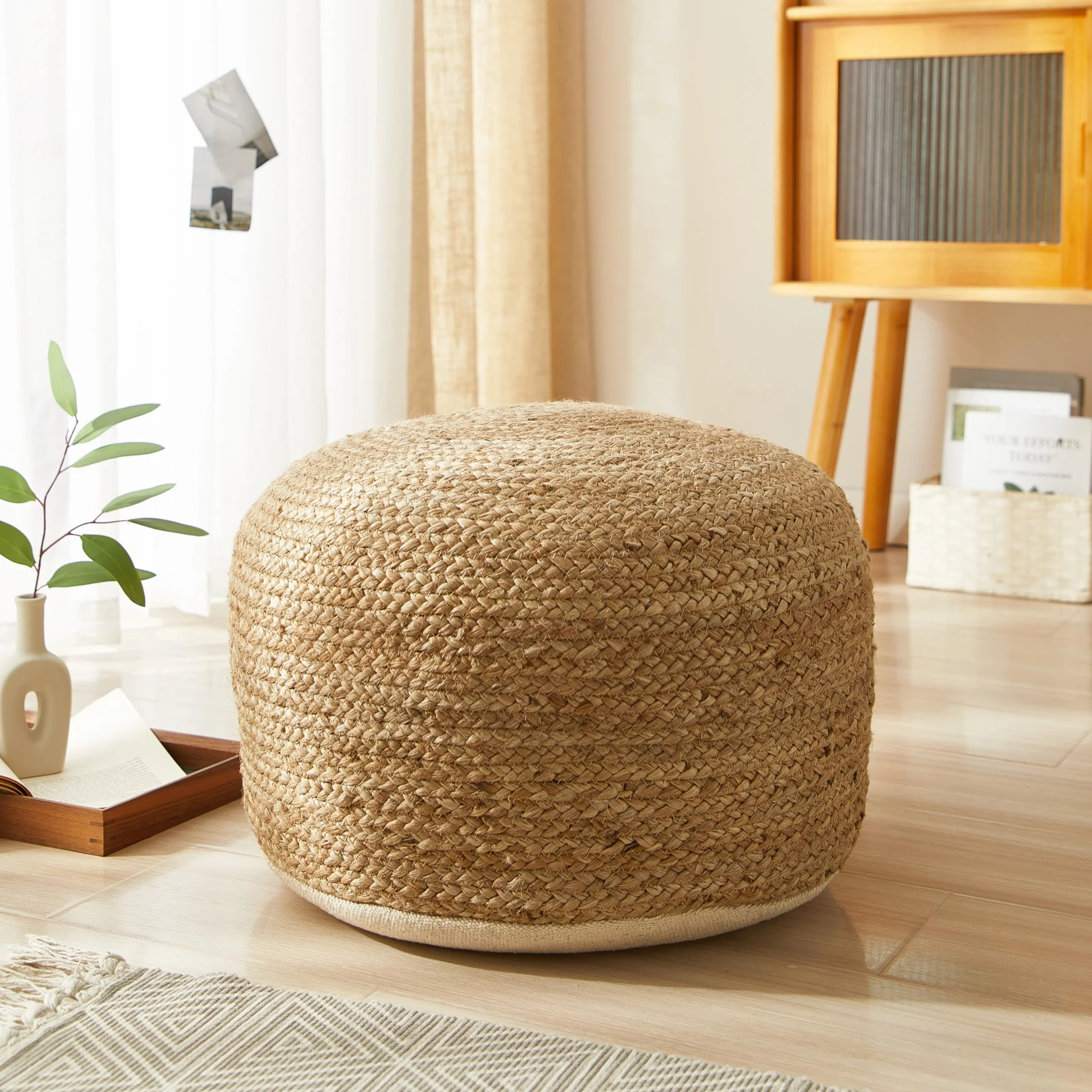 Urban Lifestyle Circular Natural Jute Braided Pouf Ottoman and Footrest, 18"x18"x10"H