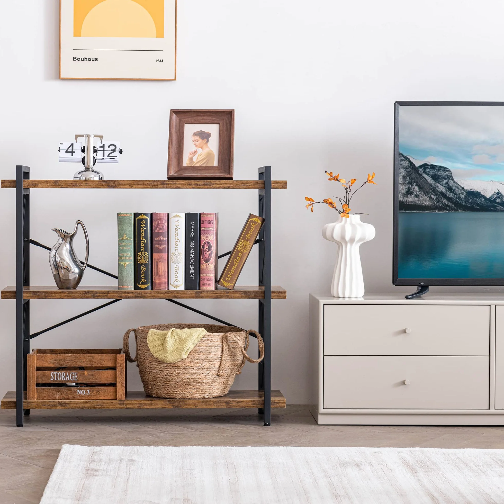 HCHQHS 3-Tier Industrial Bookshelf, 35" W x 12" D x 35" H | 1.2" Shelf Thickness, 14.17" Shelf Height, Wood and Metal, Horizontal, Rustic Brown, for Office Living Room Bedroom
