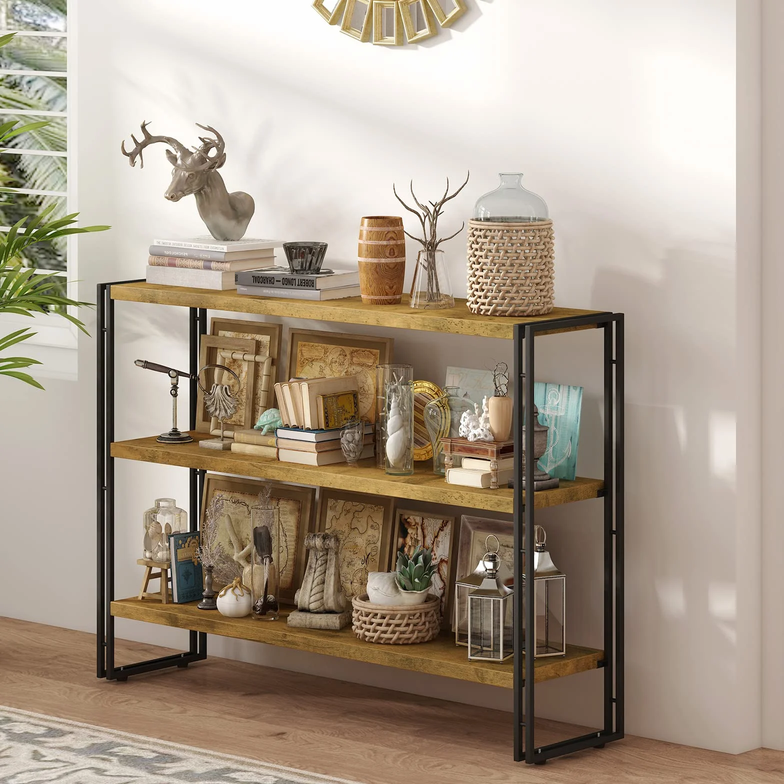 HCHQHS 3-Tier Rustic Wood and Metal Industrial Bookcase - 40in, for Home Office, Bedroom, Kitchen, Bathroom