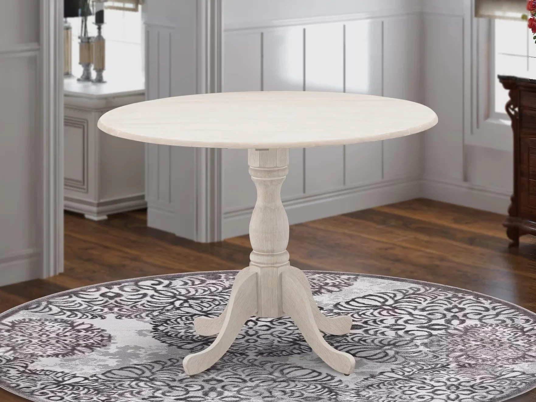 East West Furniture DMT-ABC-TP Dublin Kitchen Dining Table - a Round Wooden Table Top with Dropleaf & Pedestal Base, 42x42 Inch, Wirebrushed Buttercream | Kitchen