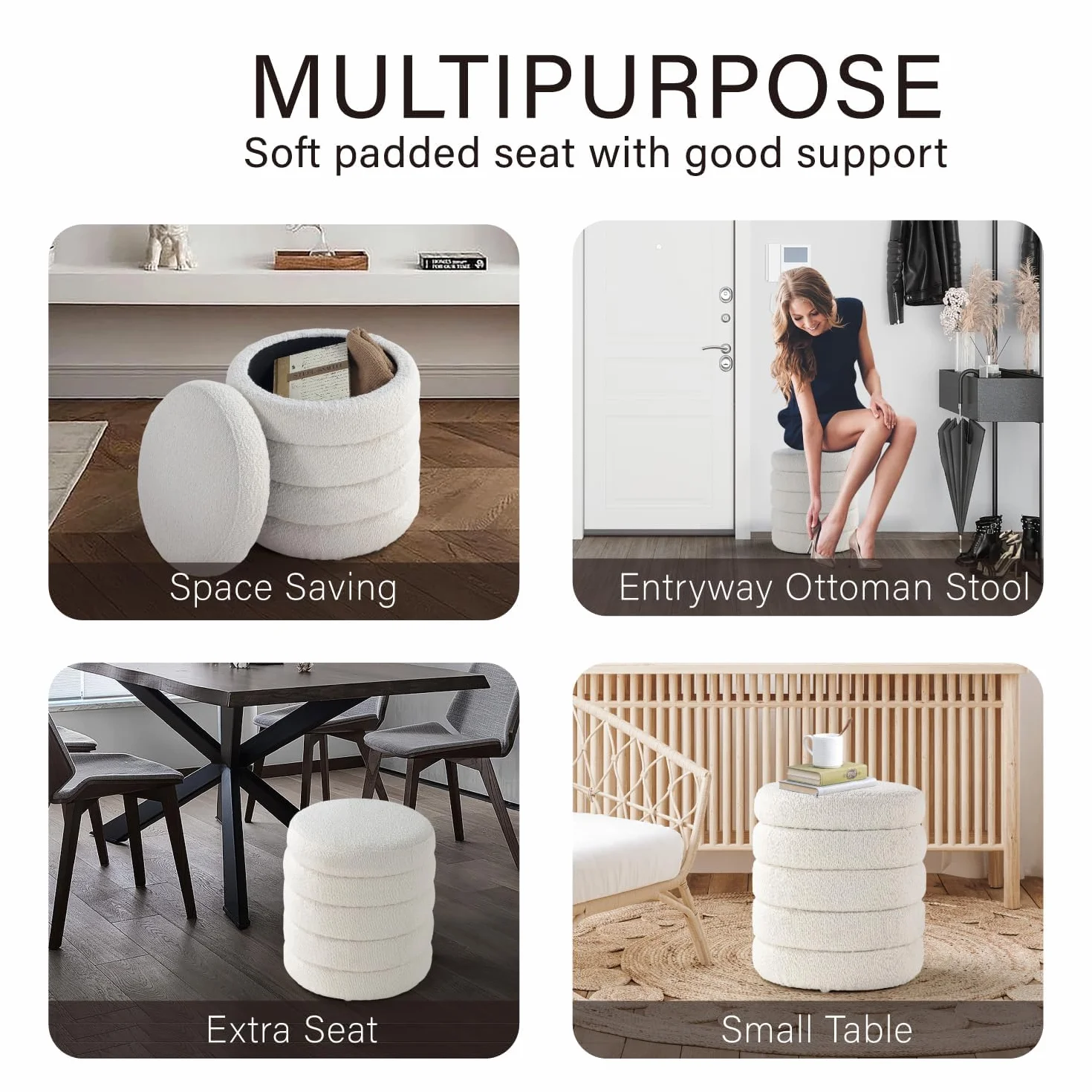 Modern Round Ottoman with Soft Padded Seat, Storage Vanity Chairs for Makeup, Upholstered Footrest Stool Ottoman Foot Stool for Living Room, Bedroom