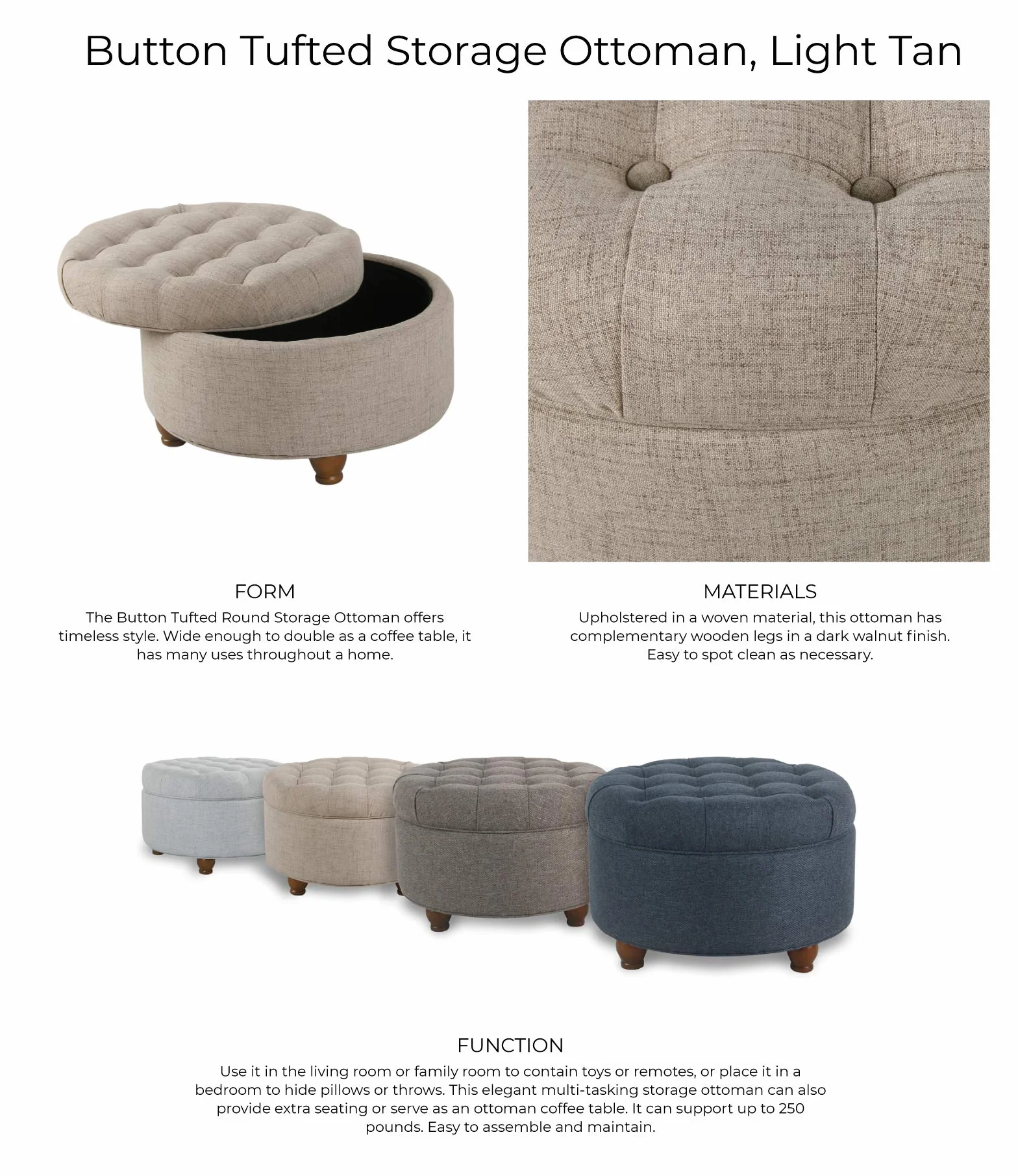 Homepop Home Decor Button Tufted Woven Round Storage Ottoman Large