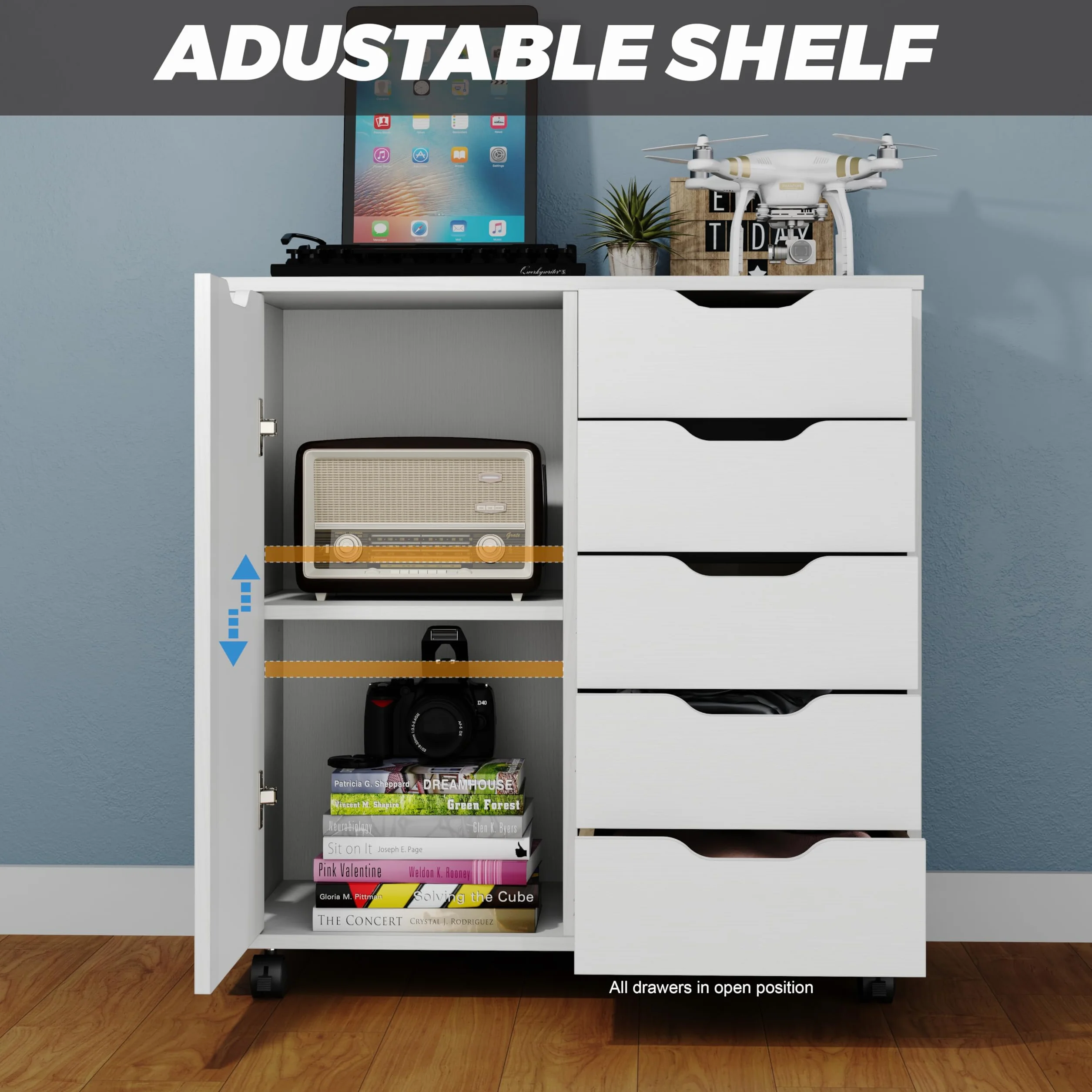 Panana 5-Drawer Chest with 1 Door, Wooden Chest of Drawers Storage Dresser Cabinet with Wheels, Office Organization and Storage, Bedroom Furniture (White-S)