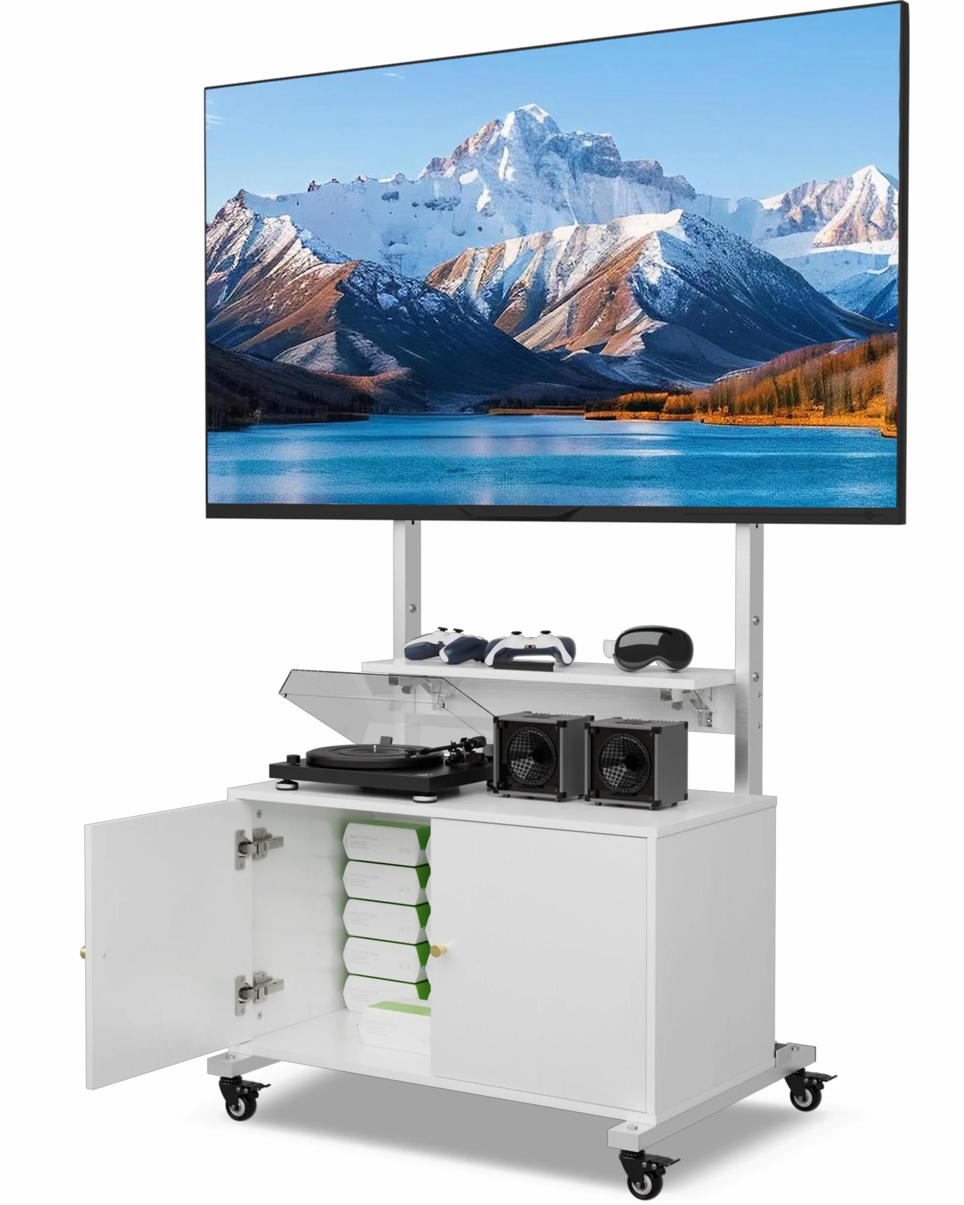 Entertainment Center with TV Mount,Rolling TV Stand with Storage Suitable for 32-75in Screen,TV Floor Stand on Wheels with Foldable Table,Height Adjustable Mobile TV Stand for Outdoor and Living Room