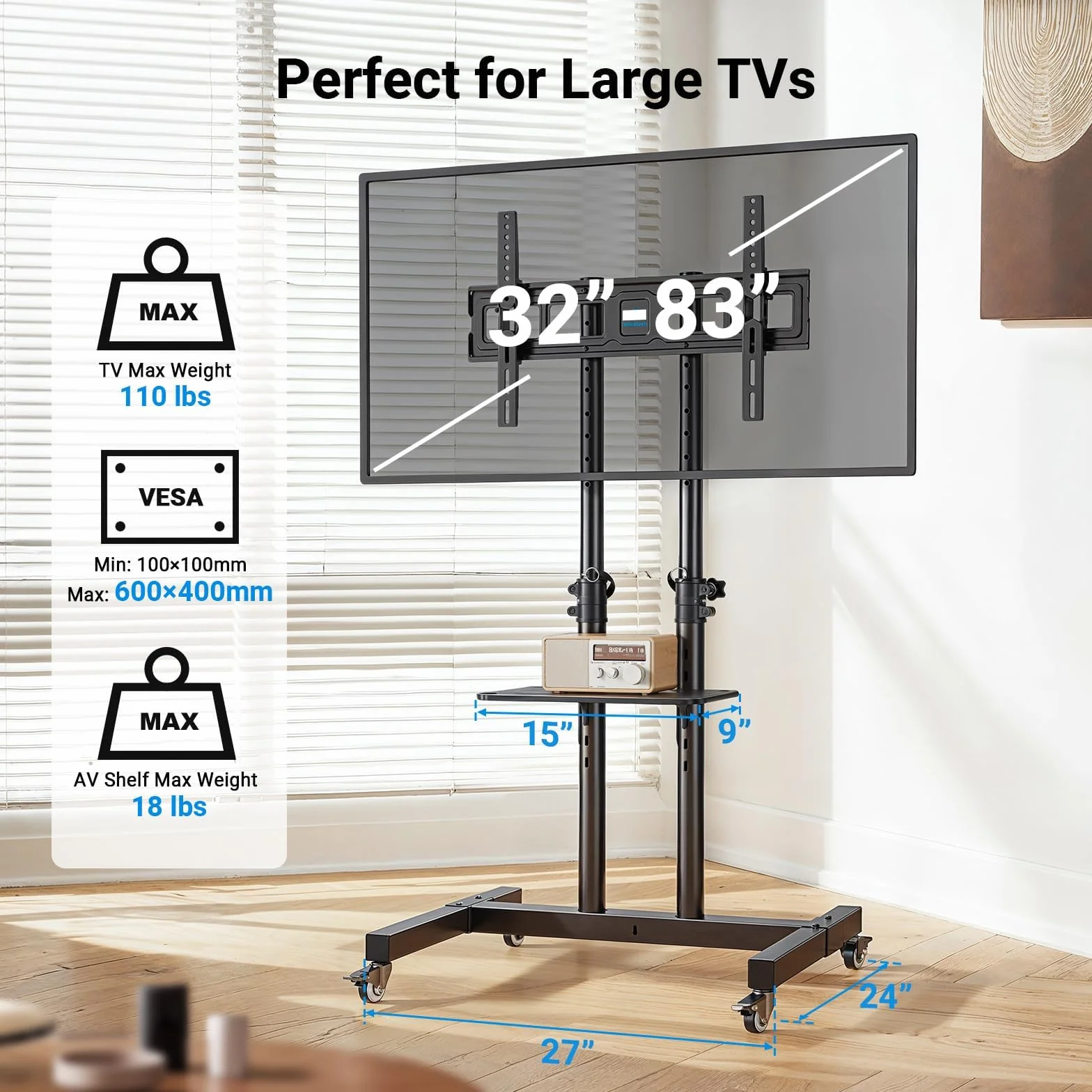 PERLESMITH Rolling TV Stand on Wheels for 32-83 Inch Screens up to 110lbs, Mobile TV Cart Height Adjustable Portable Outdoor TV Stand Tilt Rolling TV Cart with Shelf Max VESA 600x400mm PSTVMC03