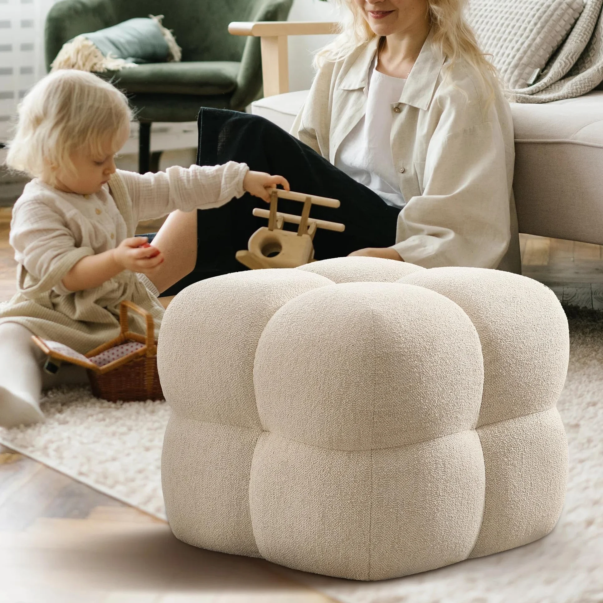 Zesthouse Square Pouf Ottoman Footstool, Modern Vanity Chair for Bedroom | Linen Fabric Foot Rest for Couch, Upholstered Tufted Footstool, Poofy Ottoman Seat for Living Room Dorm Fluffy Ottoman Beige