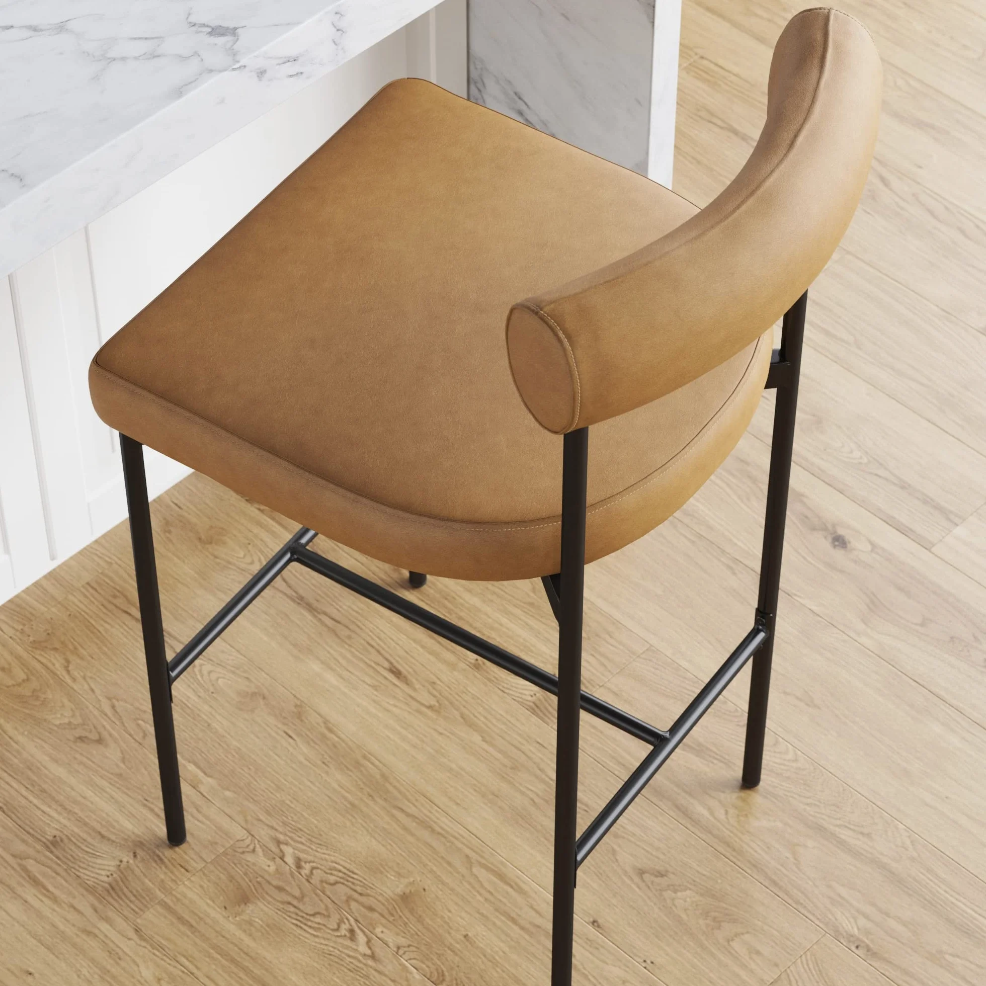Nathan James Dahlia Counter Height Chair, Modern Barstool with Back, Mid-Century Metal Legs and Leather Padded Cushion for Kitchen, Island and Bars, Brown/Black